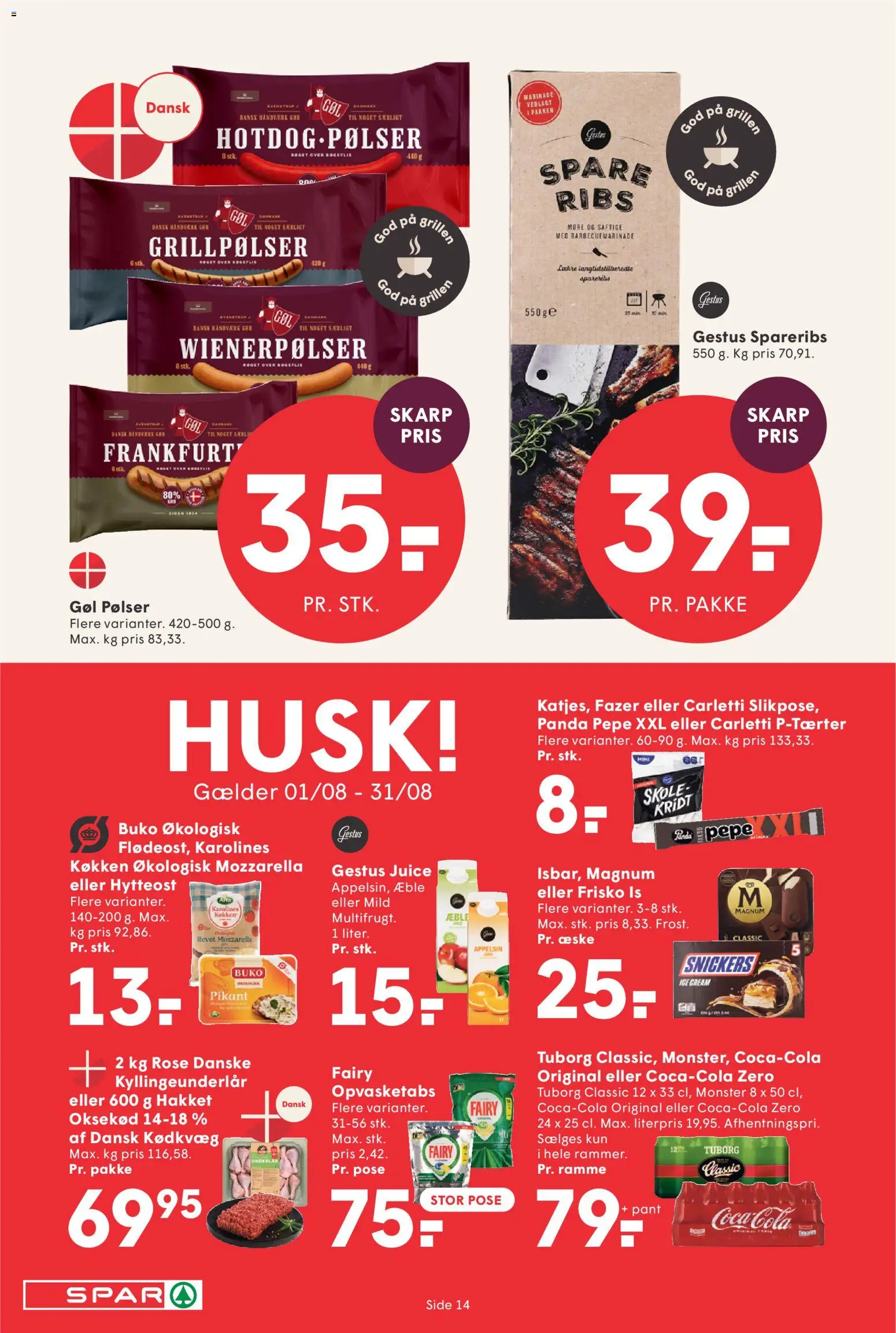 Spar tilbudsavis – gyldig fra 14/08/2026 | Side: 15 | Produkter: Pølser, Juice, Oksekød, Grillpølser