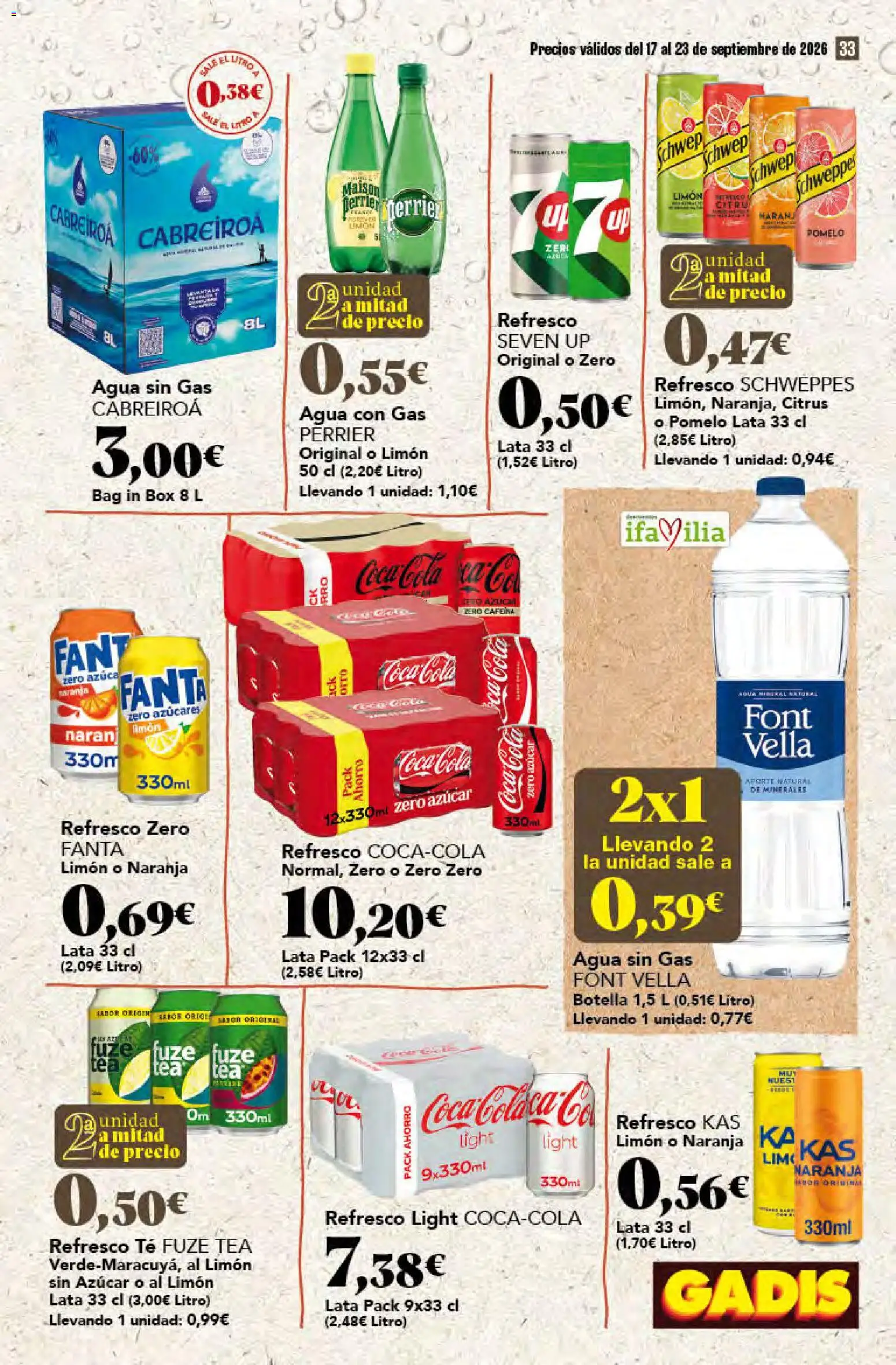 Gadis folleto │ válido desde el 17/09/2026 | Página: 33 | Productos: Fanta, Agua con gas, Té, Pomelo