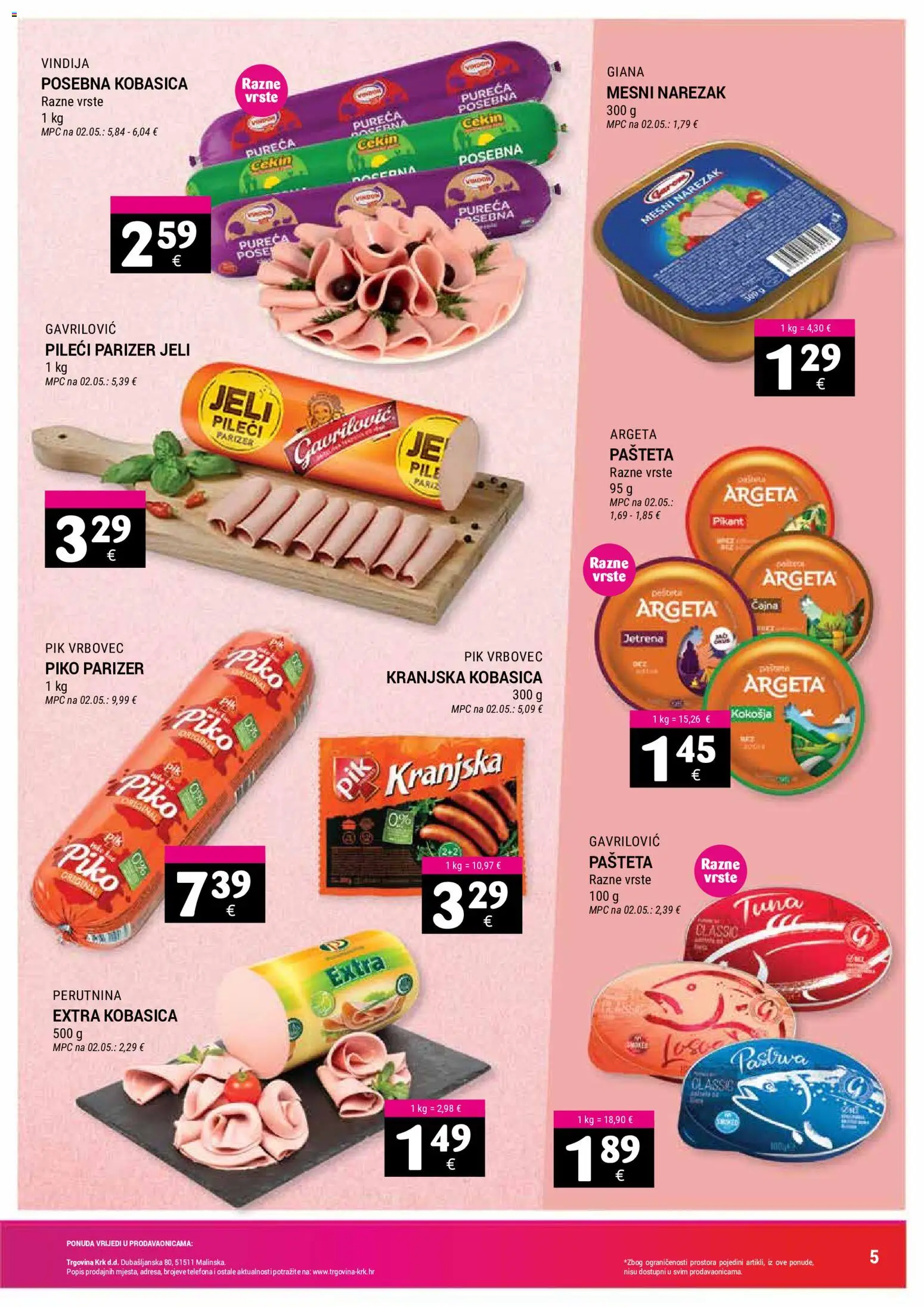 Trgovina Krk katalog | vrijedi od 01.06.2026 | Stranica: 5 | Proizvodi: Pašteta, Kobasica, Pik Vrbovec, Tuna