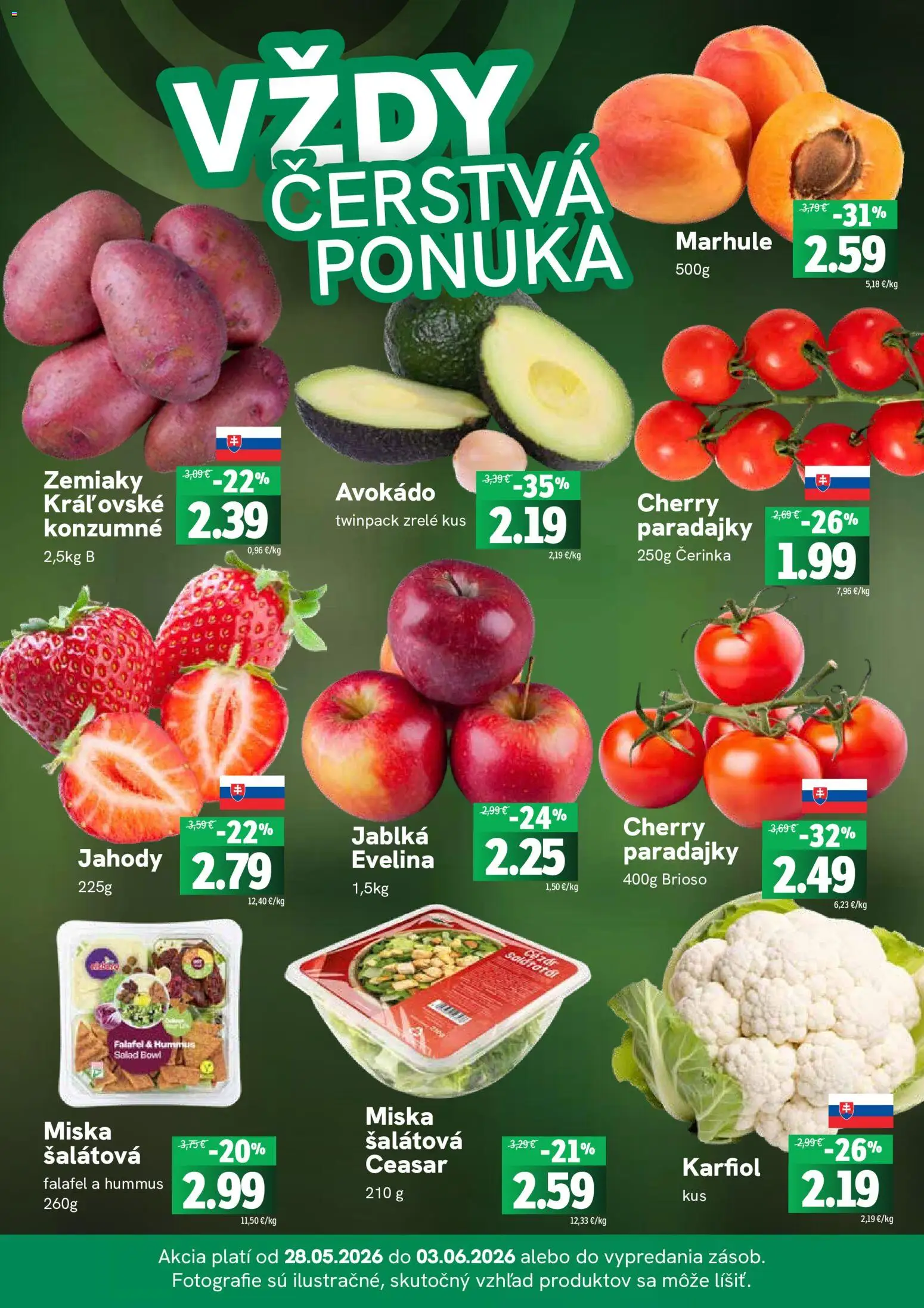 Nové Fresh akcie – leták je platný od 28.05.2026 | Strana: 3 | Produkty: Paradajky, Karfiol, Jahody, Marhule