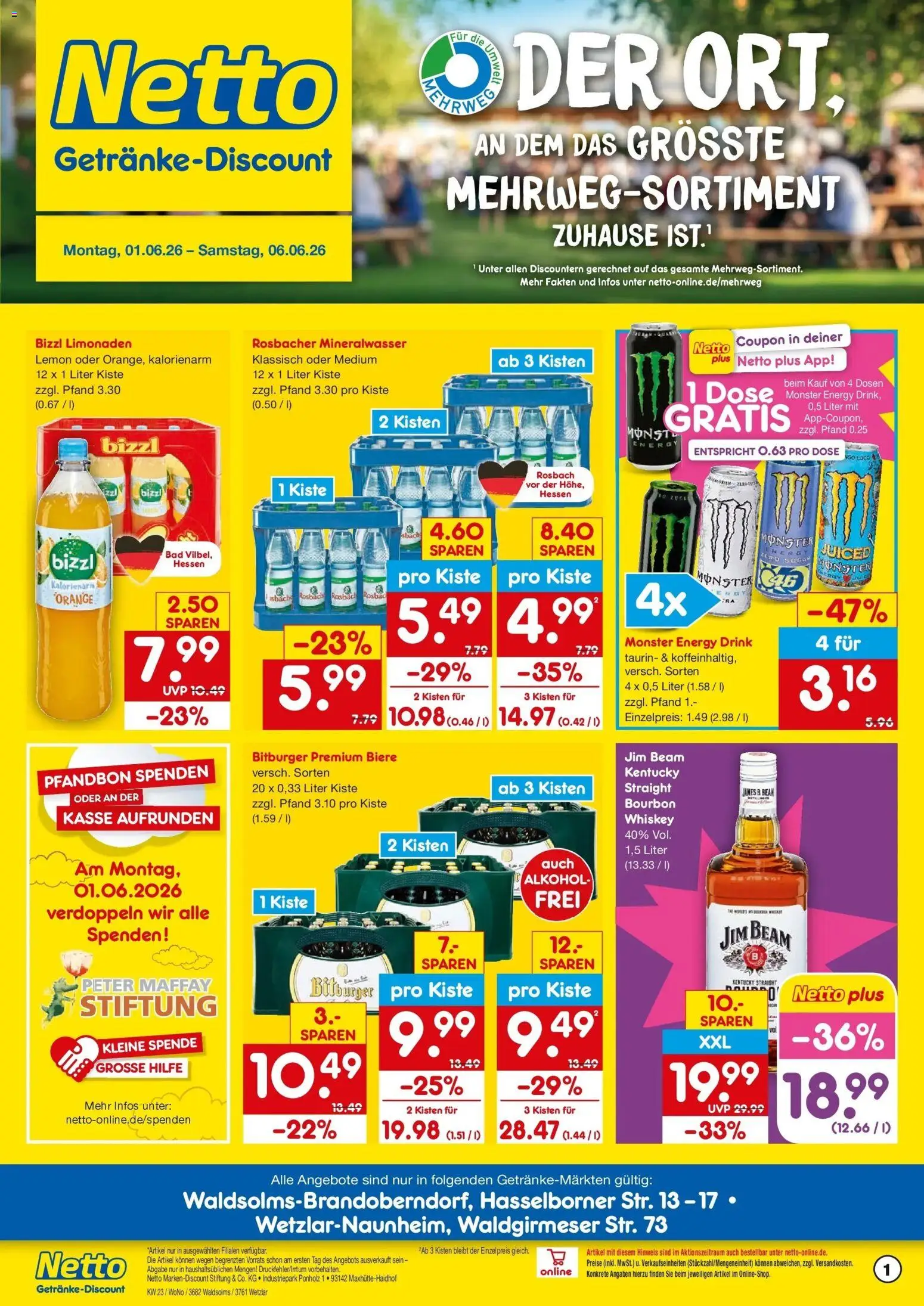 Netto Marken-Discount Prospekt Wetzlar-Naunheim – gültig ab 01.06.2026 | Seite: 1 | Produkte: Jim beam, Bad, Mineralwasser, Whiskey
