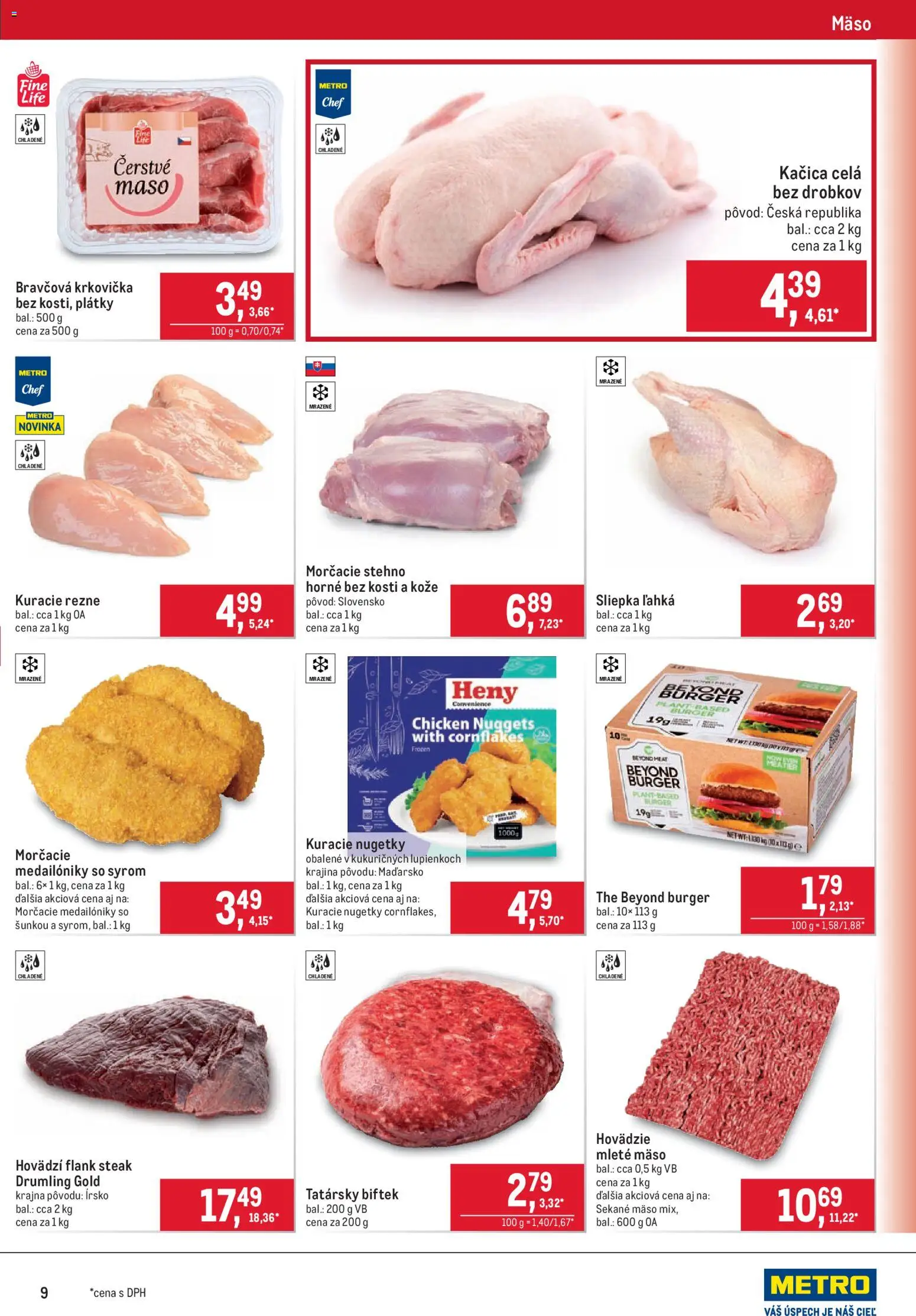 Nové Metro akcie – leták je platný od 09.09.2026 | Strana: 9 | Produkty: Flank steak, Kačica, Mäso, Krkovička
