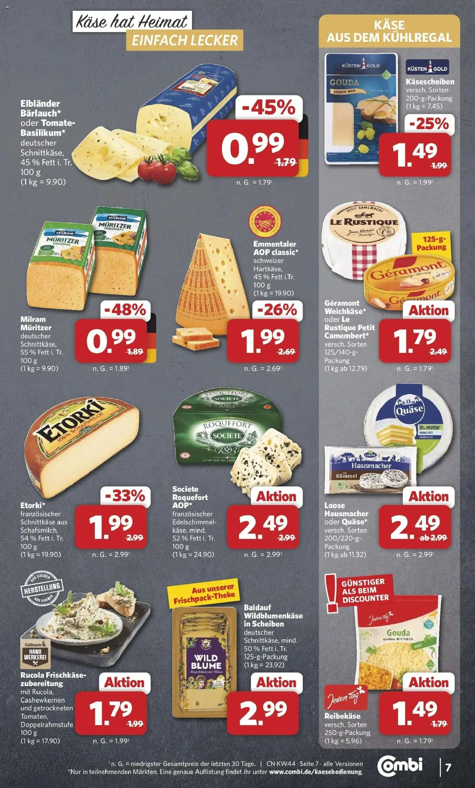 Combi Prospekt Rahden (ab 26.10.2026) zum Blättern | Seite: 7 | Produkte: Geramont, Rucola, Milram, Reibekase