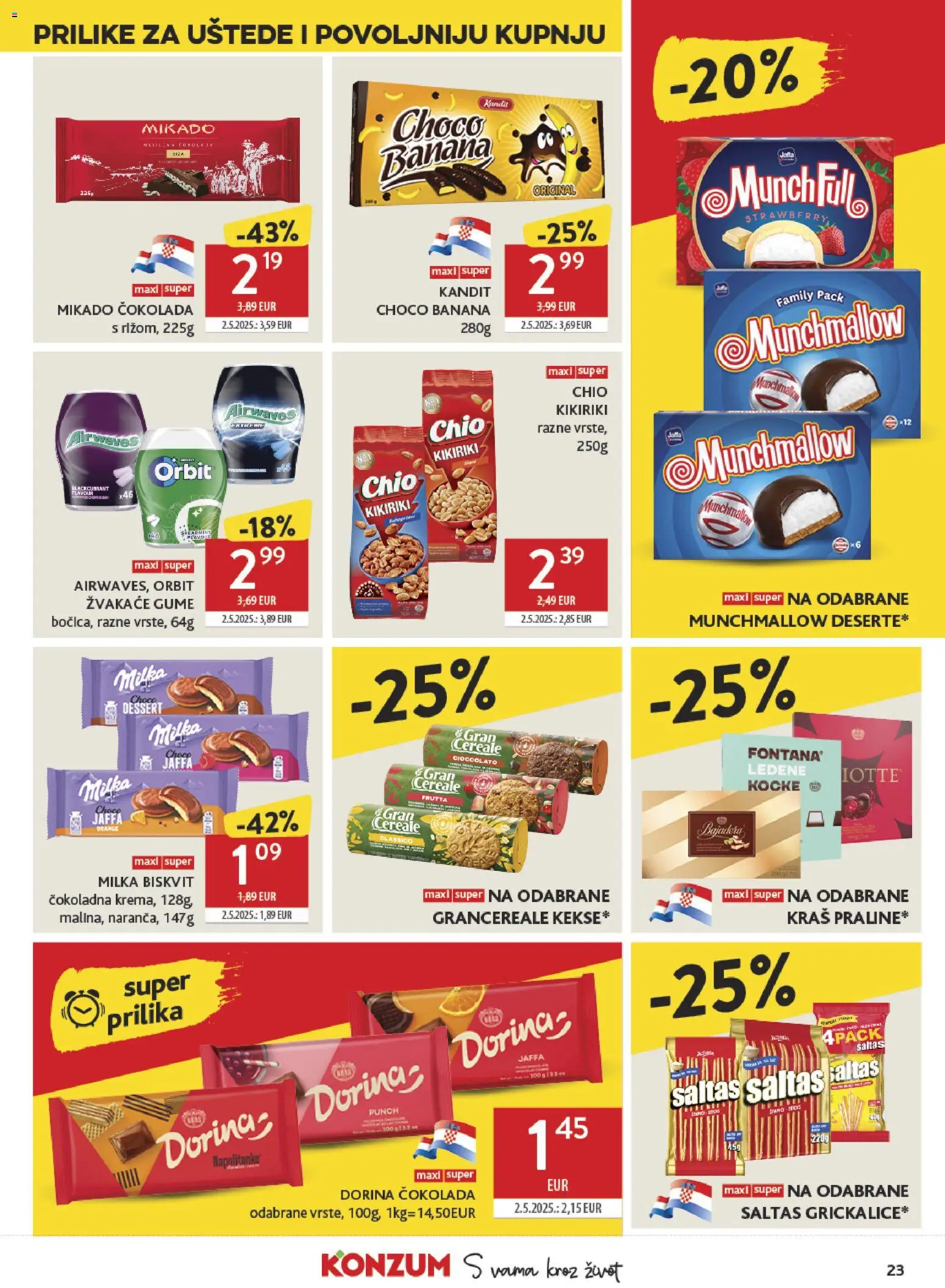 Konzum HR akciós ujság - amely érvényes a következő dátumtól: 2026.08.19. | Oldal: 23 | Termékek: Chio, Orbit, Milka