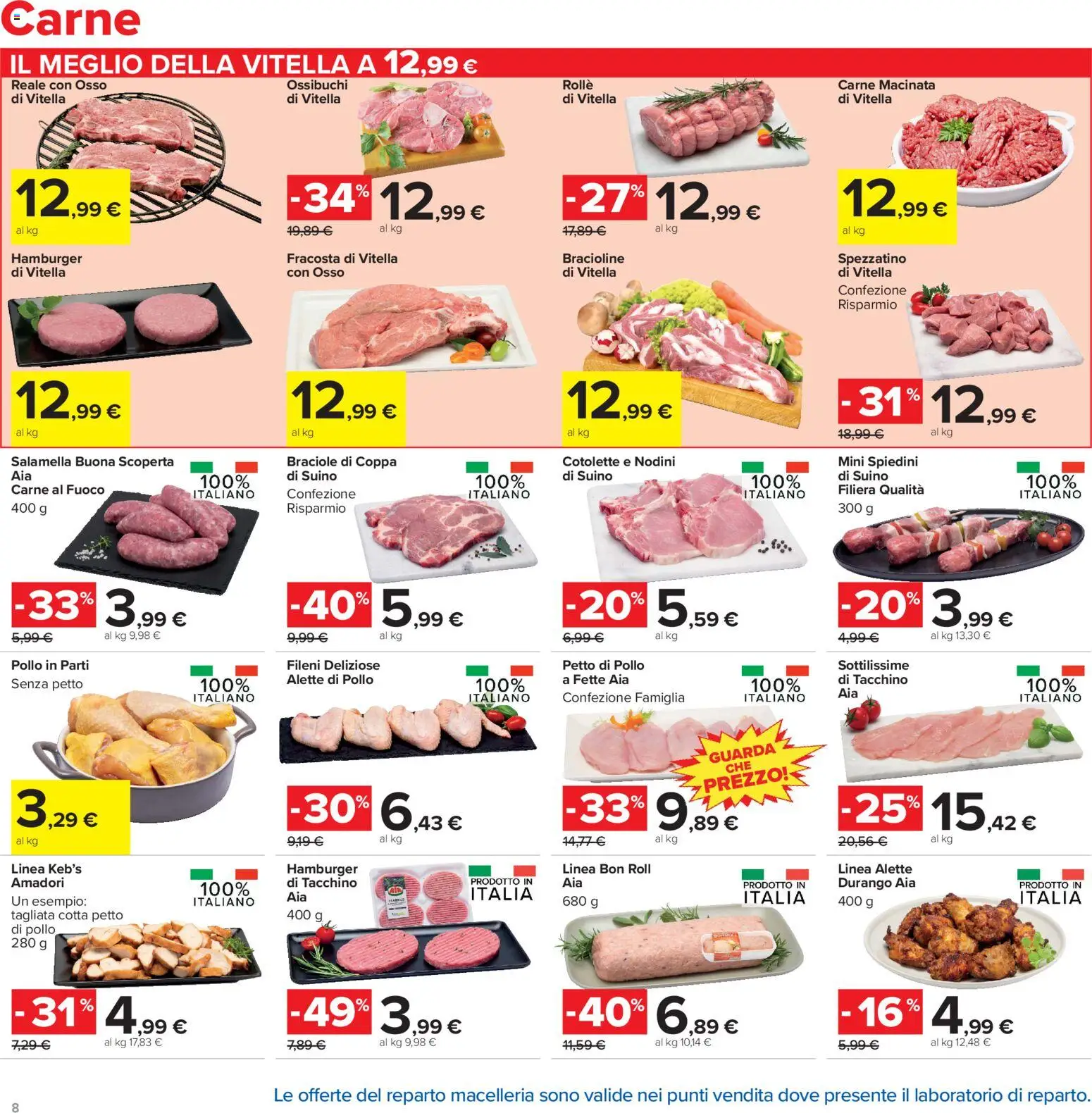 Volantino Carrefour del 13/07/2026 | Pagina: 8 | Prodotti: Petto di Pollo, Tacchino, Hamburger, Spiedini