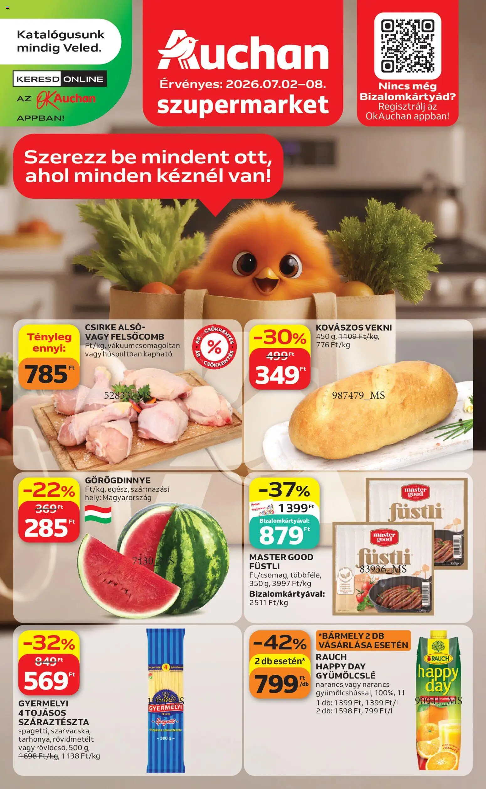 Auchan akciós ujság - amely érvényes a következő dátumtól: 2026.07.02. | Oldal: 1 | Termékek: Görögdinnye, Spagetti, Gyümölcslé, Narancs