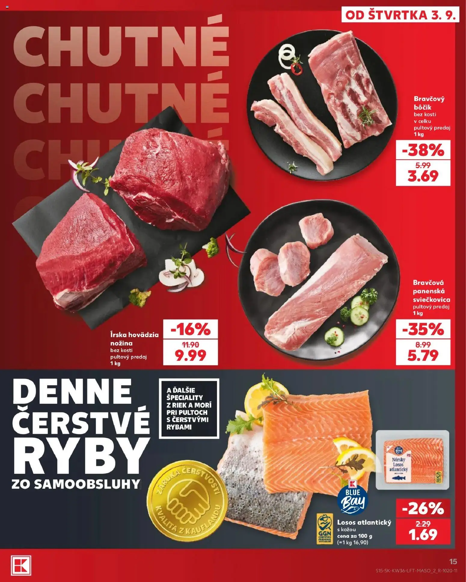 Nové Kaufland akcie – leták je platný od 03.09.2026 | Strana: 15 | Produkty: Ryby, Špeciality, Bôčik, Bôčik bez kosti