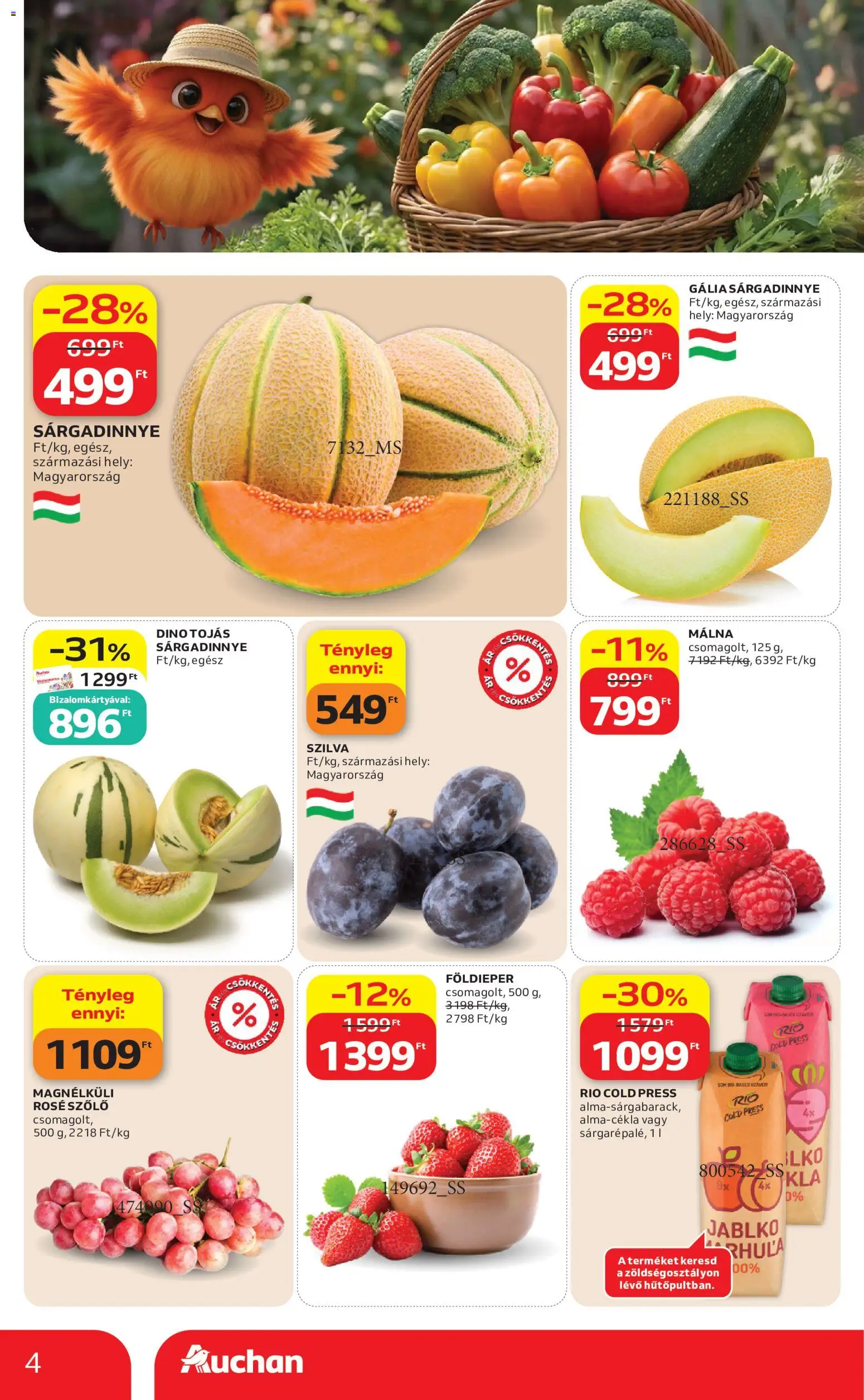 Auchan akciós ujság - amely érvényes a következő dátumtól: 2026.08.13. | Oldal: 4 | Termékek: Dino, Tojás, Rosé, Sárgadinnye