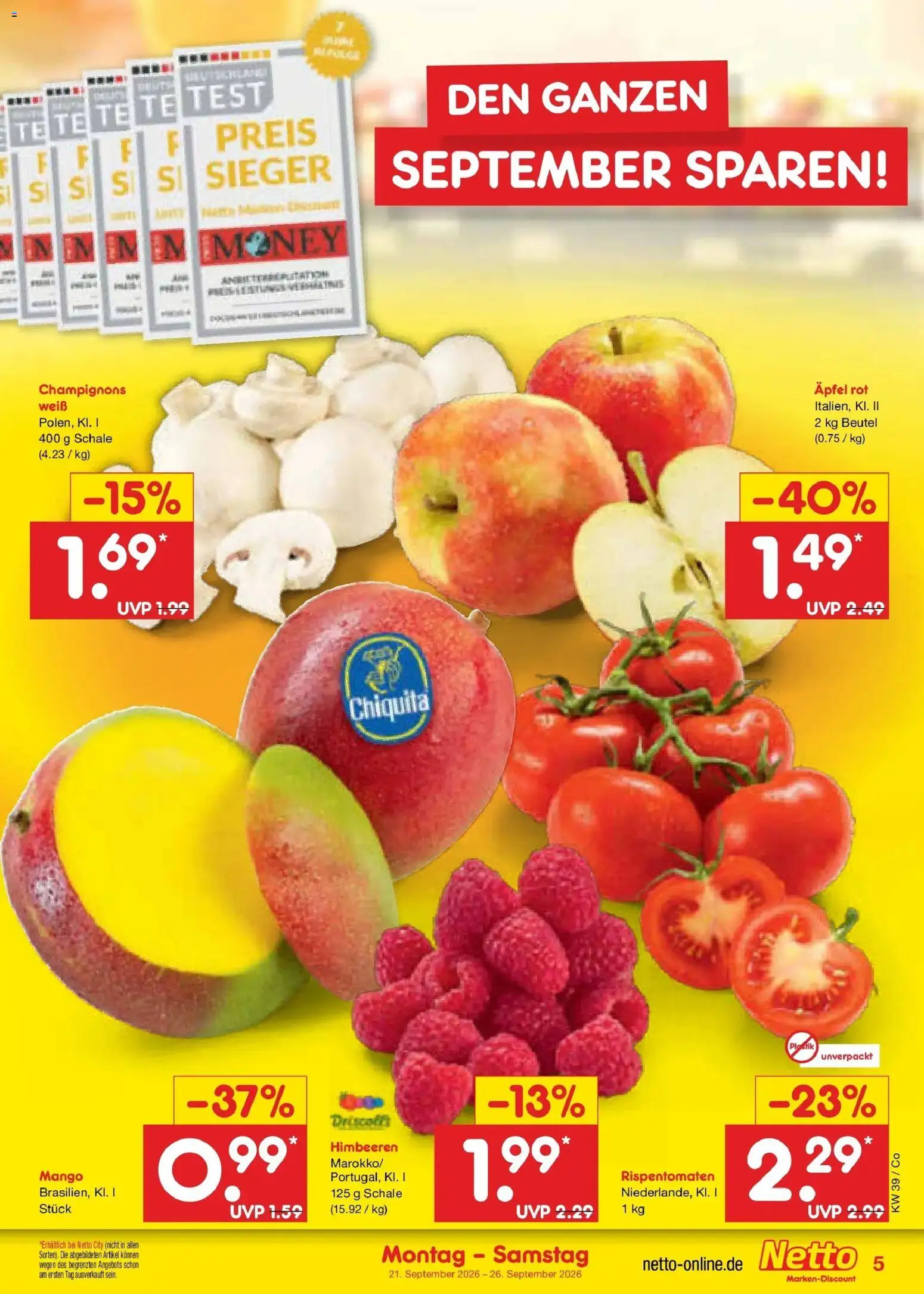 Netto Marken-Discount Prospekt Leipzig – gültig ab 21.09.2026 | Seite: 5 | Produkte: Himbeeren, Äpfel, Champignons, Mango