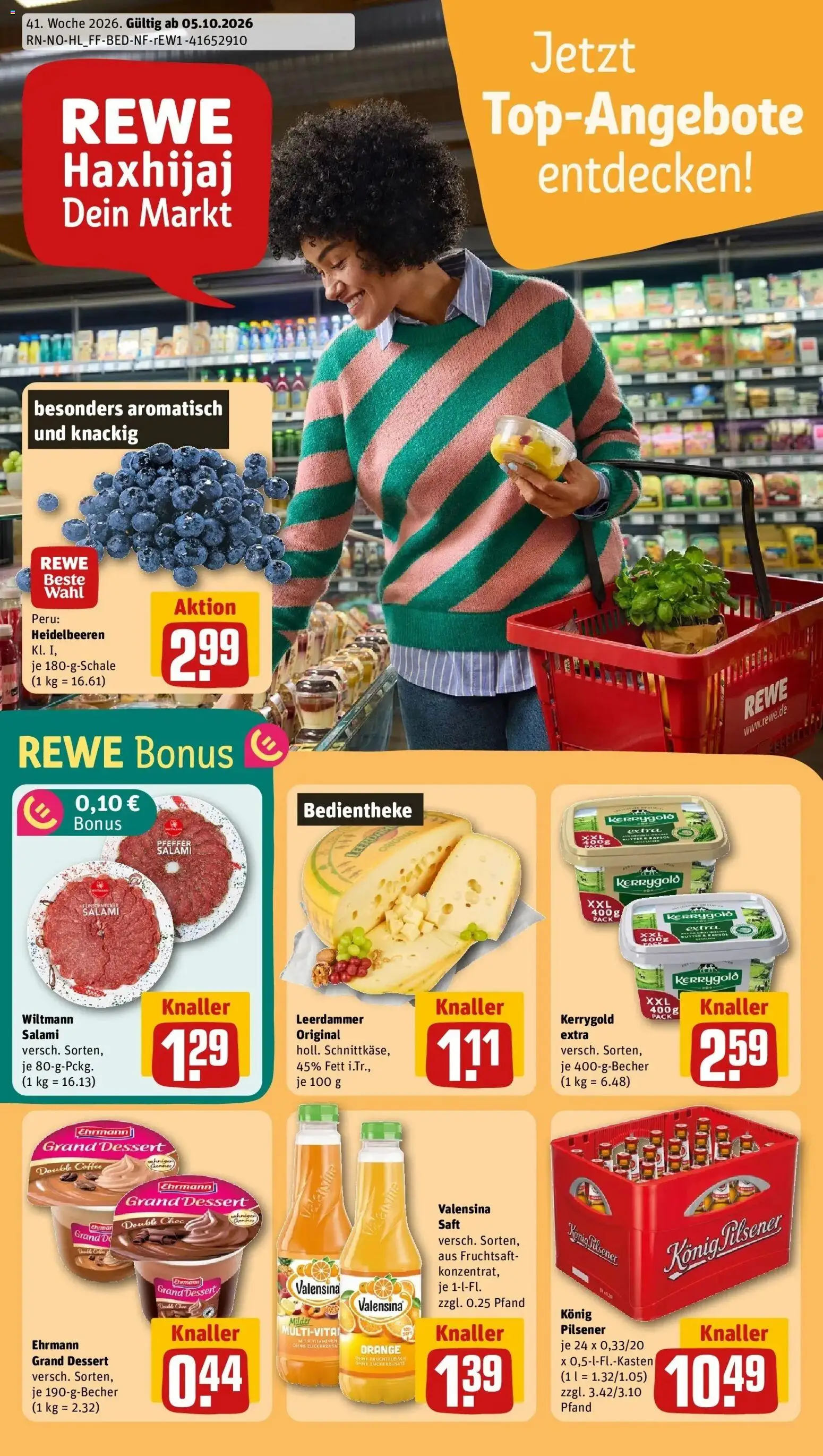 REWE Prospekt ab 05.10.2026 zum Blättern » Angebote | Seite: 1 | Produkte: Leerdammer, Heidelbeeren, Valensina, Fruchtsaft