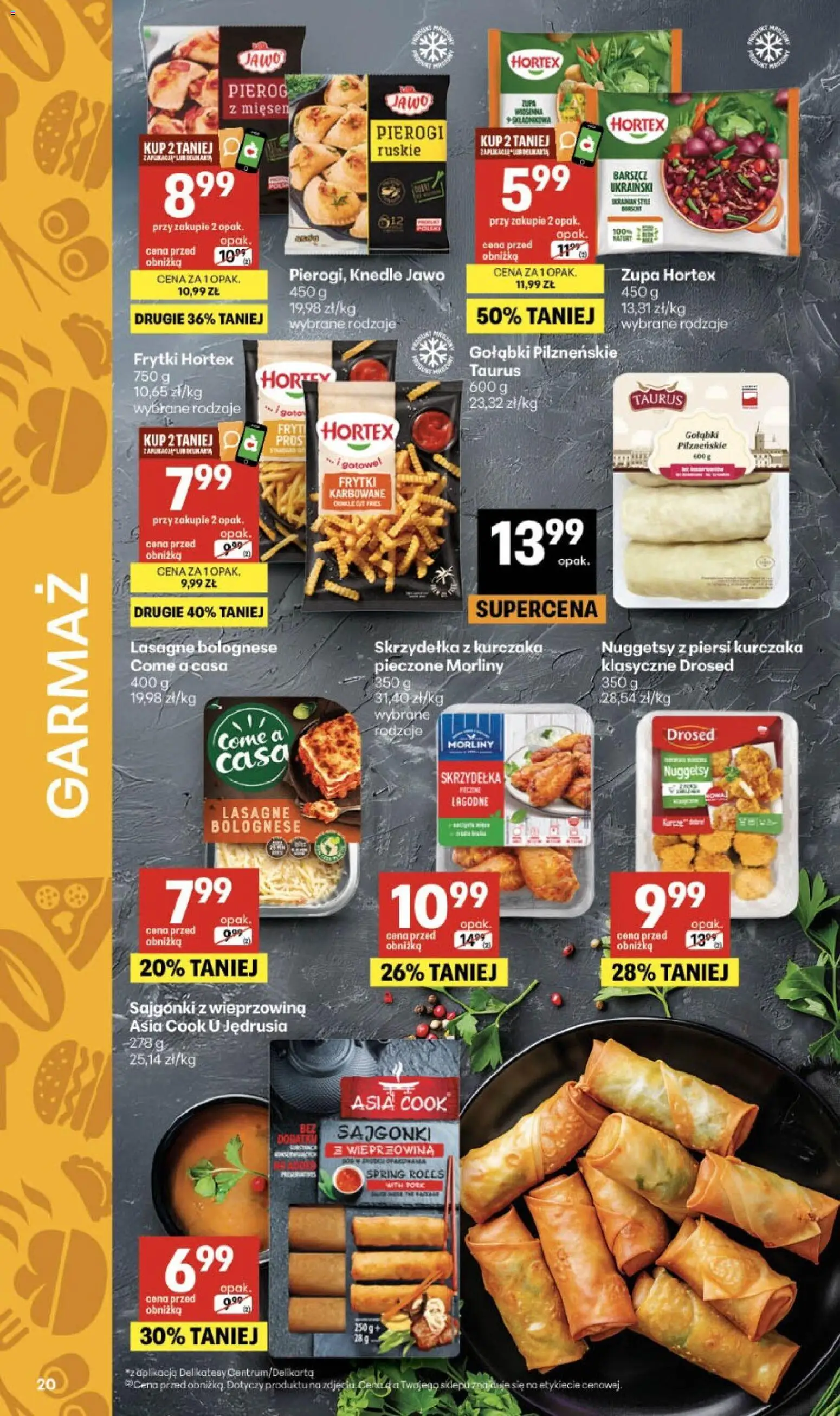 Delikatesy Centrum gazetka - Sklepy Własne od 13.08.2026 | Strona: 20 | Produkty: Lasagne, Sajgonki, Frytki karbowane, Skrzydełka