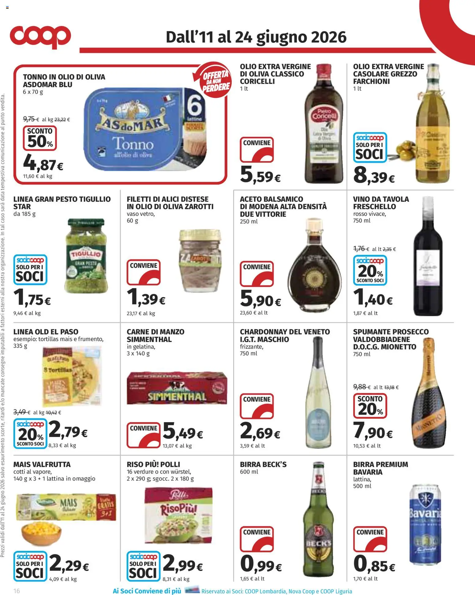 Volantino COOP del 11.06.2026 | Pagina: 16 | Prodotti: Birra, Prosecco, Vaso, Olio di Oliva
