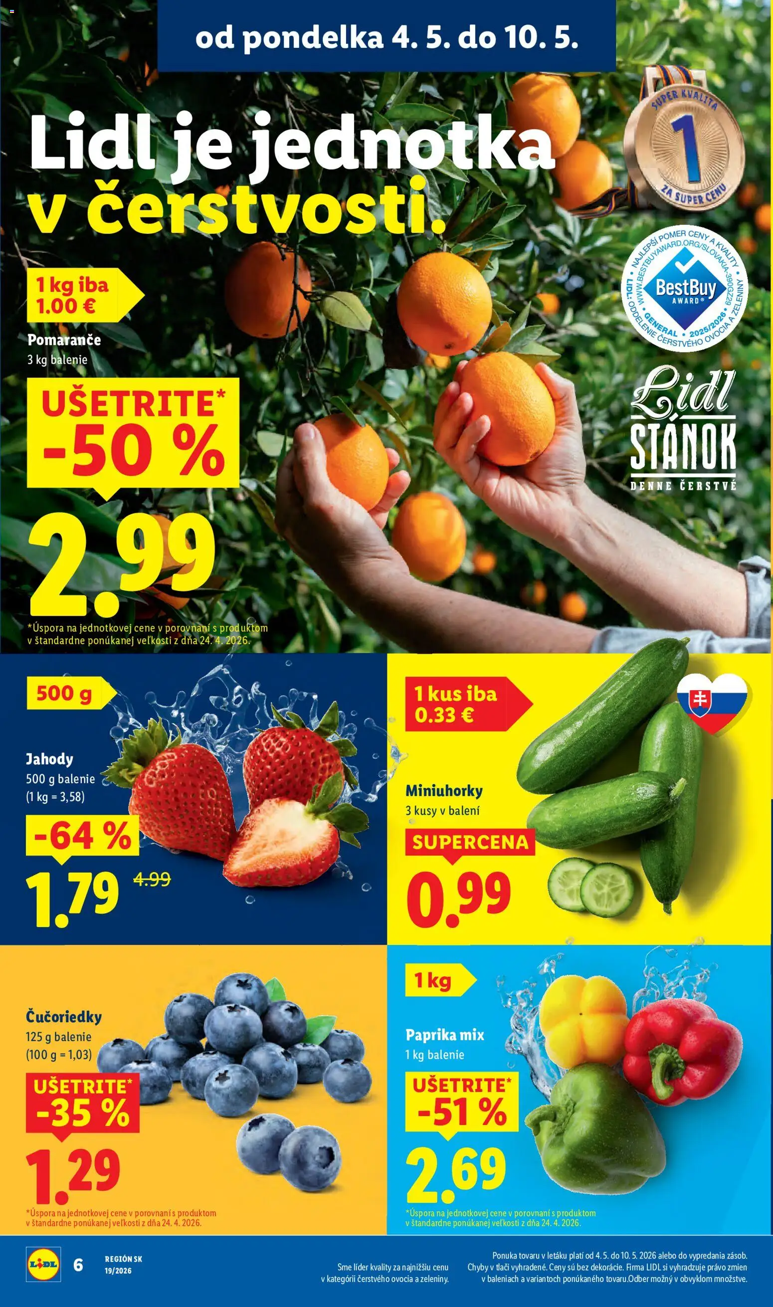 Nové Lidl akcie – leták je platný od 04.05.2026 | Strana: 4 | Produkty: Paprika, Pomaranče, Čučoriedky, Jahody
