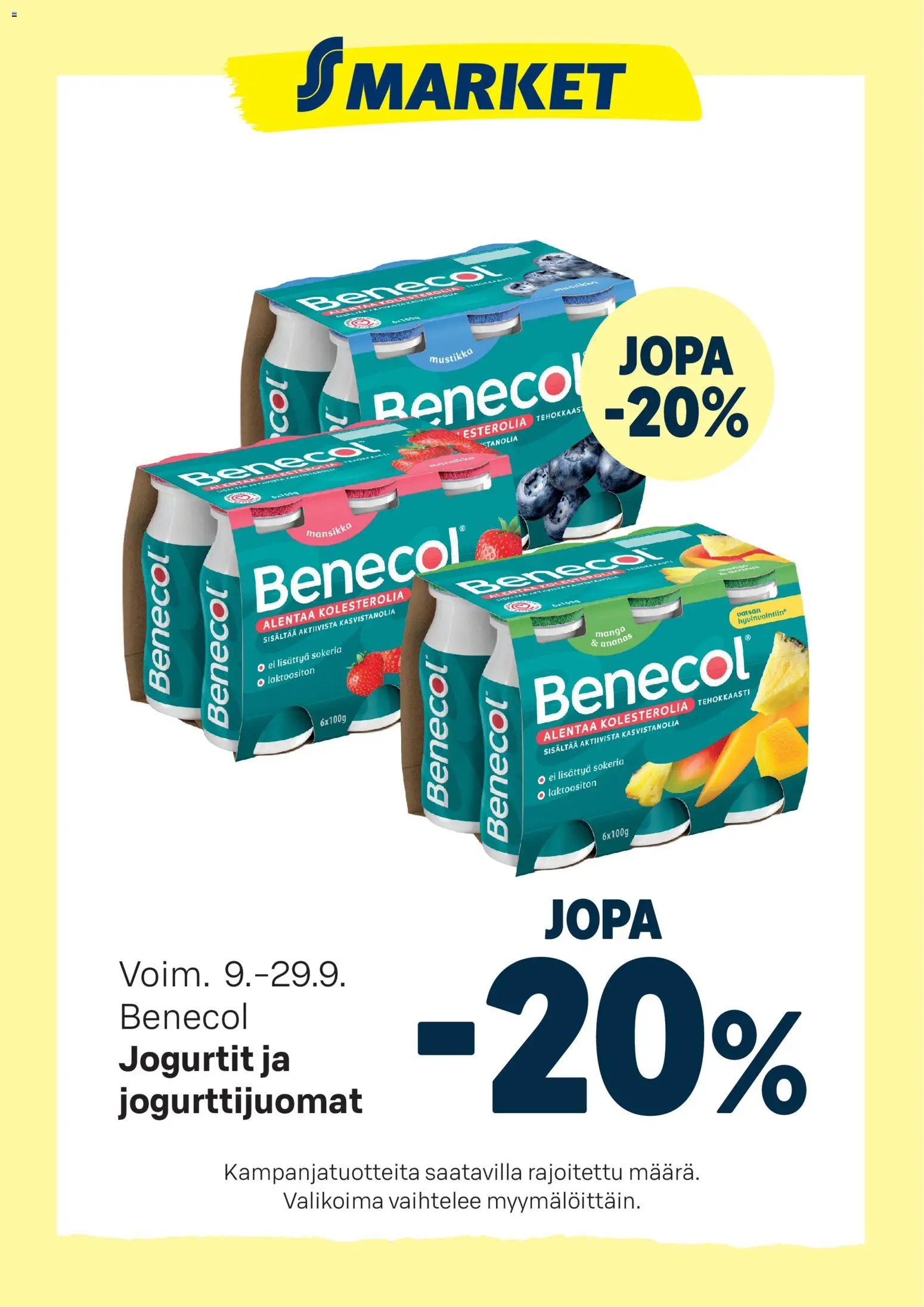 S-market - Benecol – voimassa 09/09/2026 alkaen | Sivu: 1 | Tuotteet: Mango, Mustikka, Ananas