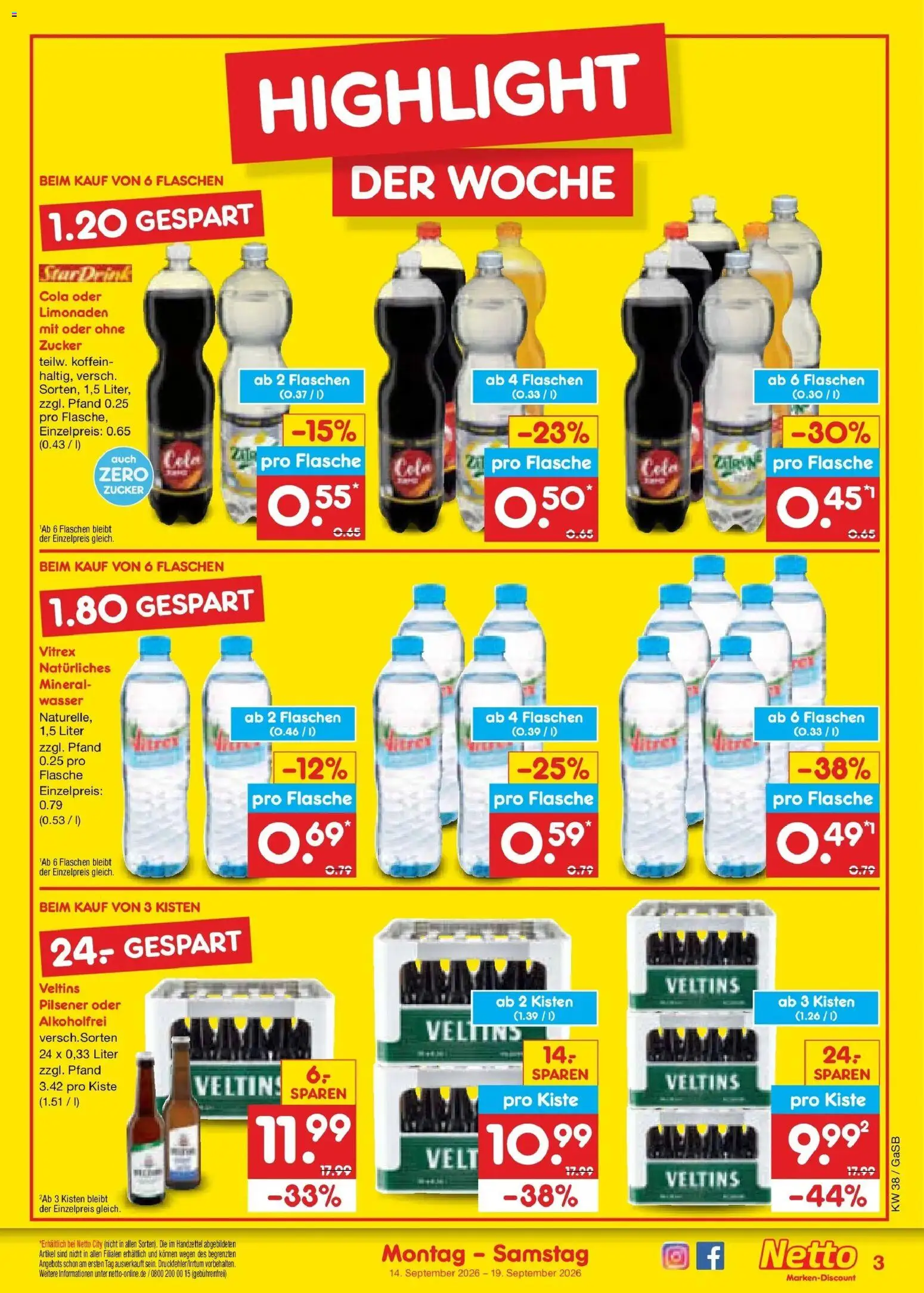 Netto Marken-Discount Prospekt Oldenburg – gültig ab 14.09.2026 | Seite: 3 | Produkte: Cola, Zucker, Zitrone, Veltins