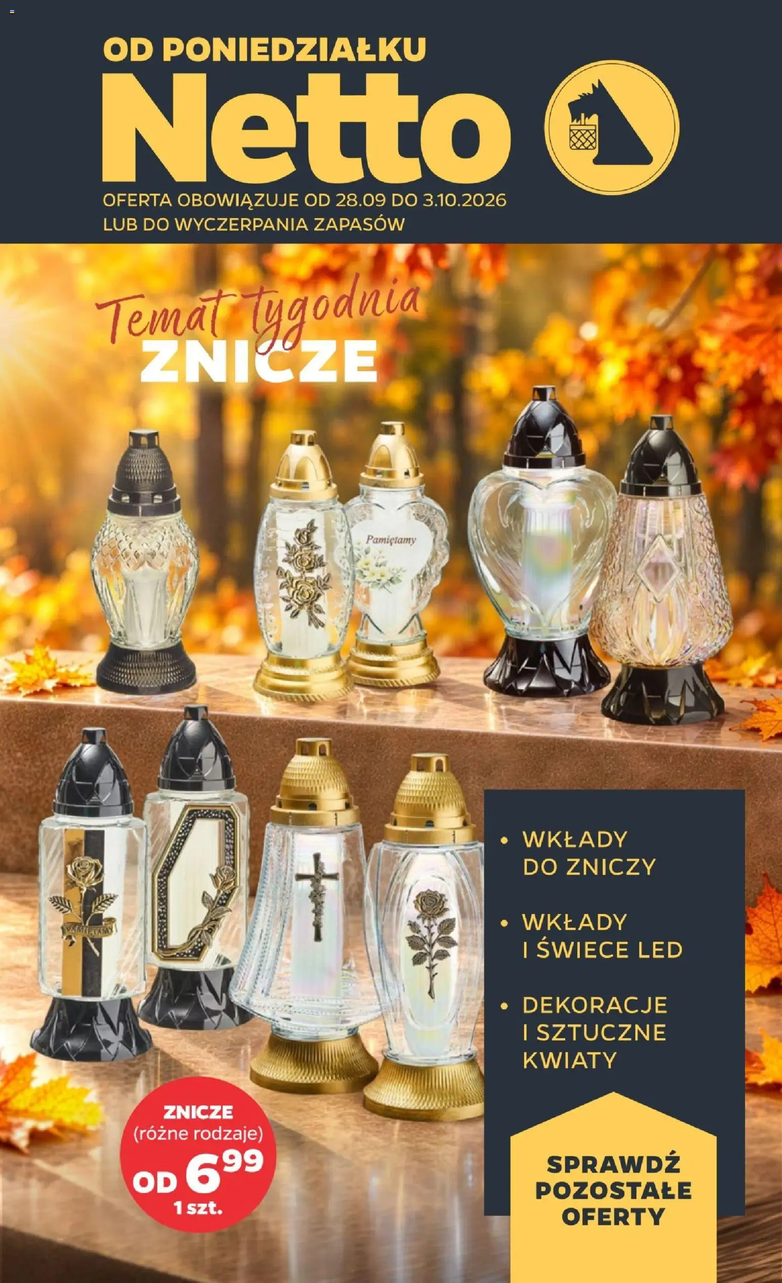 Netto gazetka od poniedziałku NonFood od 28.09.2026 | Strona: 1 | Produkty: Wkłady do zniczy, Dekoracje, Znicze, Sztuczne kwiaty