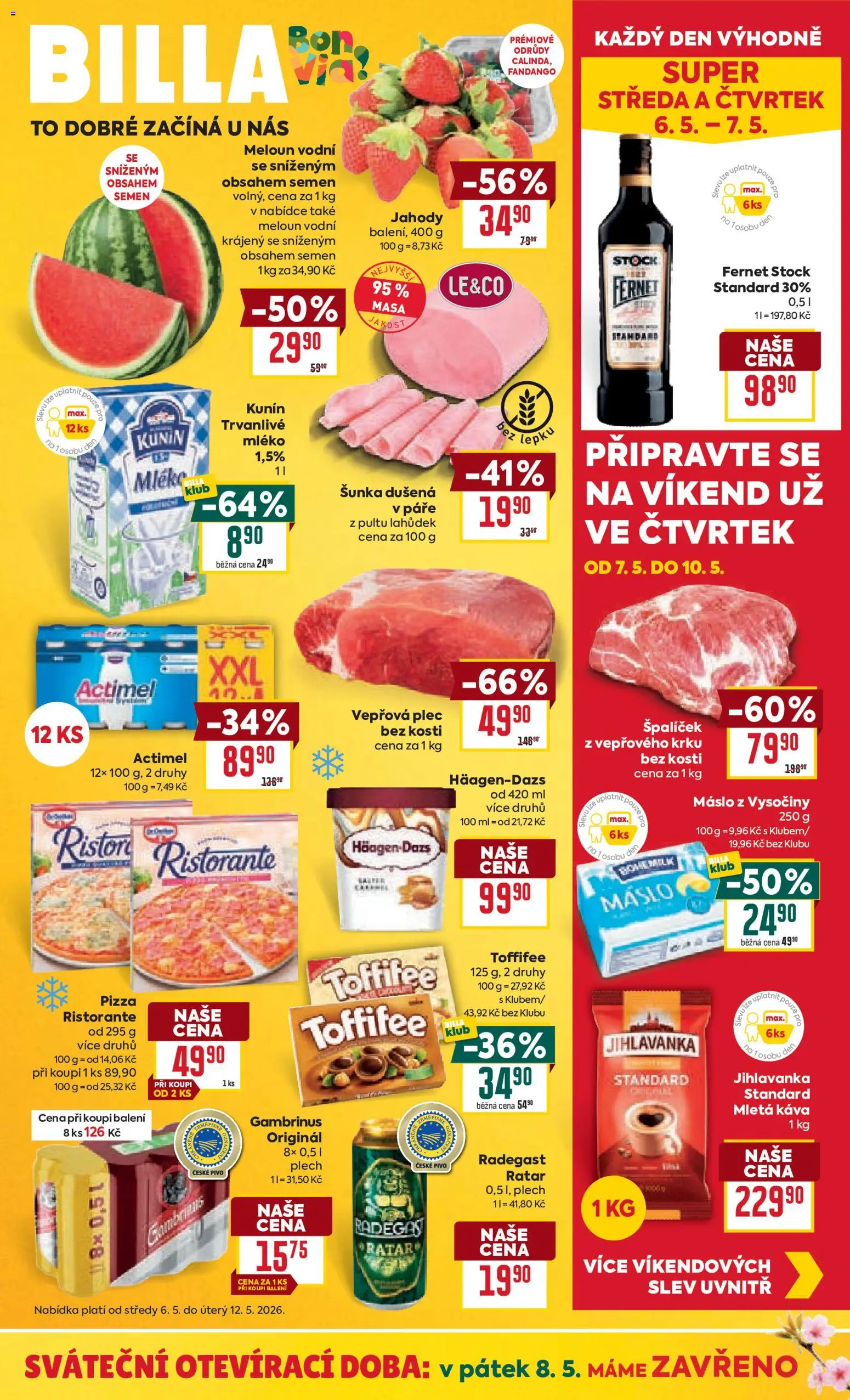 Billa Velký leták od 06.05.2026 | Strana: 1 | Produkty: Káva, Jahody, Actimel, Gambrinus