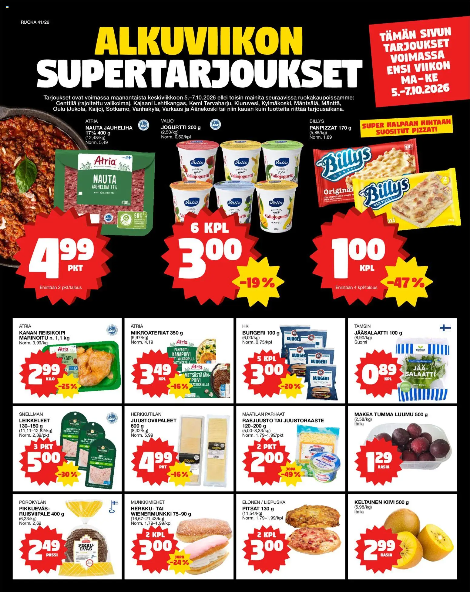 Tokmanni Ruokasanomat – voimassa 05/10/2026 alkaen | Sivu: 1 | Tuotteet: Luumu, Jauheliha, Jogurtti, Pihvi