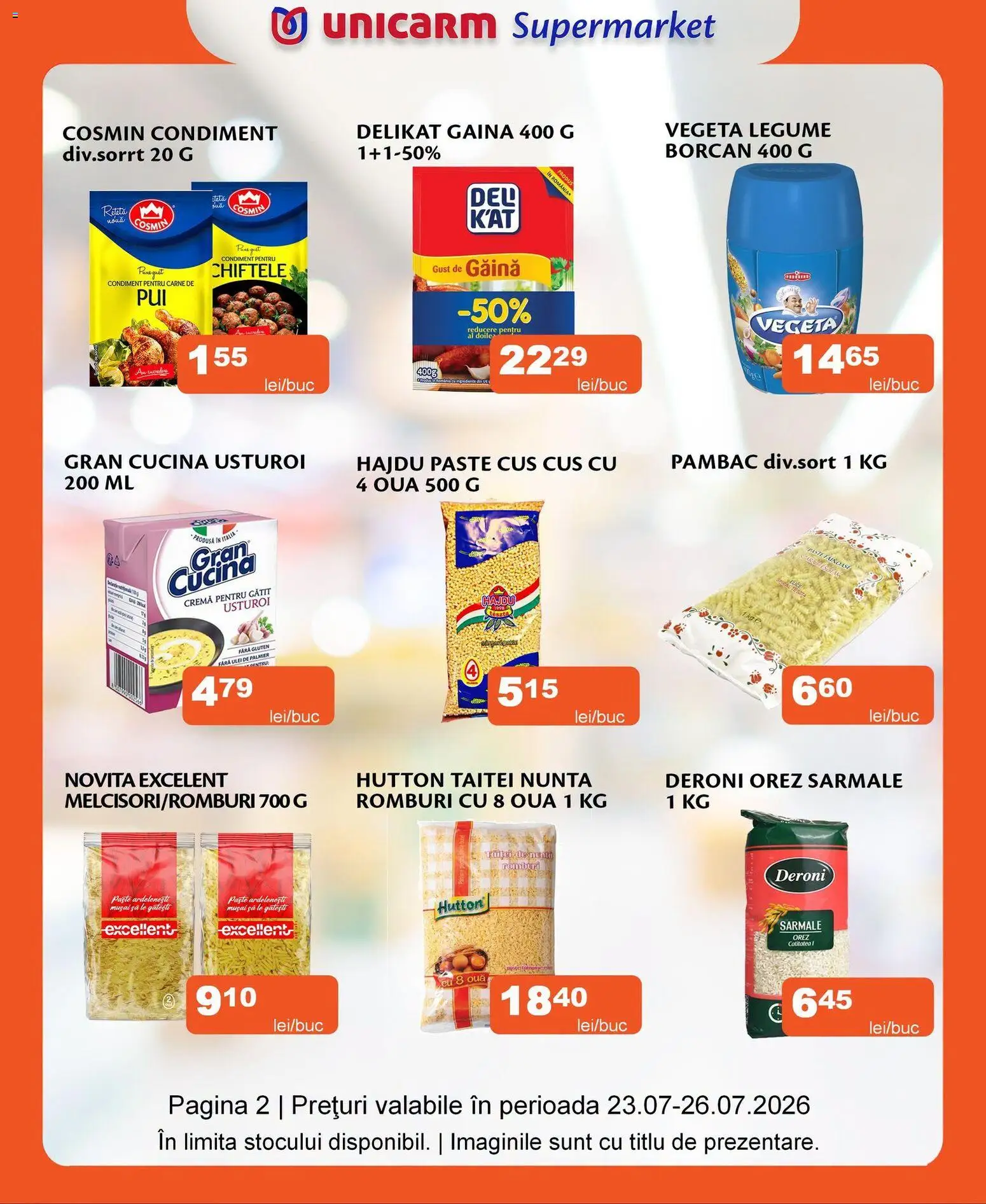 Noul catalog Unicarm – valabil de la 23.07.2026 | Pagină: 2 | Produse: Ouă, Ulei, Chiftele, Legume