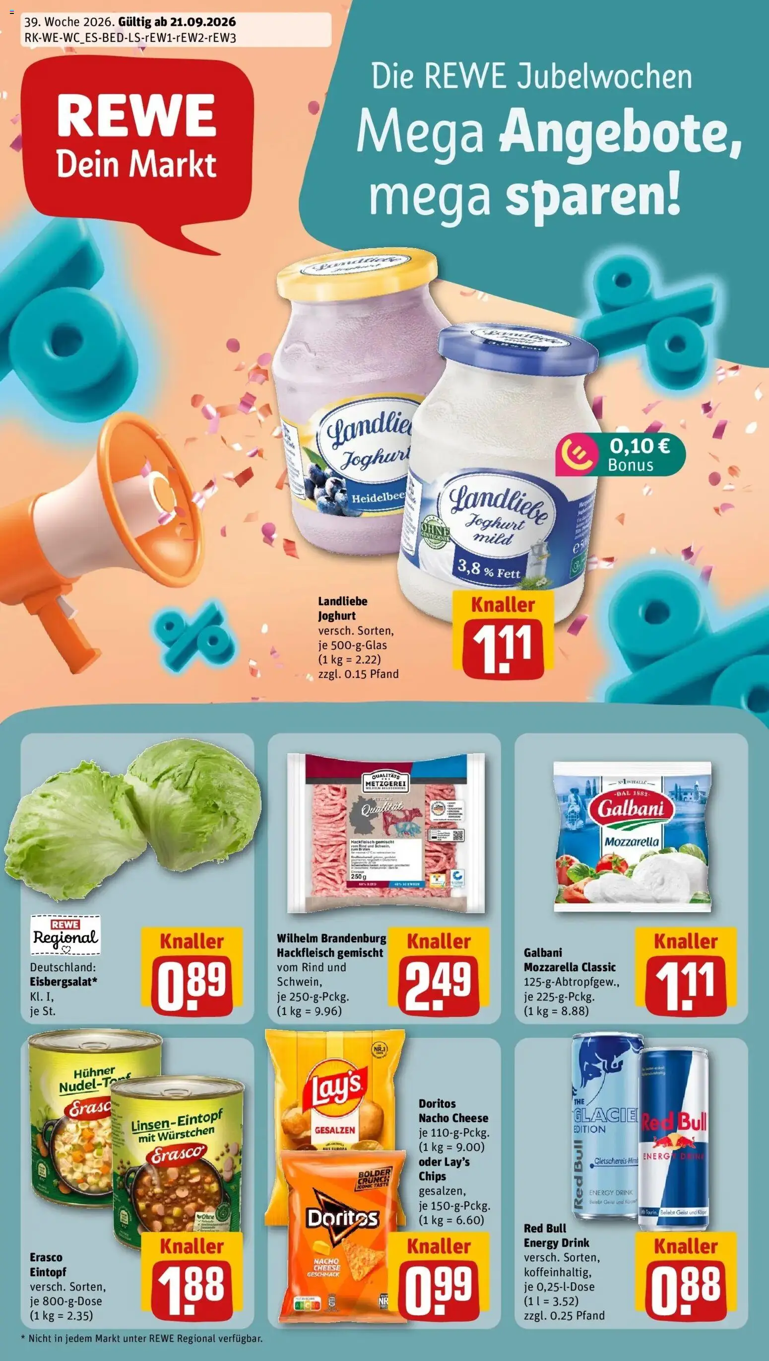 REWE Prospekt ab 21.09.2026 zum Blättern » Angebote | Seite: 1 | Produkte: Joghurt, Mozzarella, Landliebe joghurt, Hackfleisch
