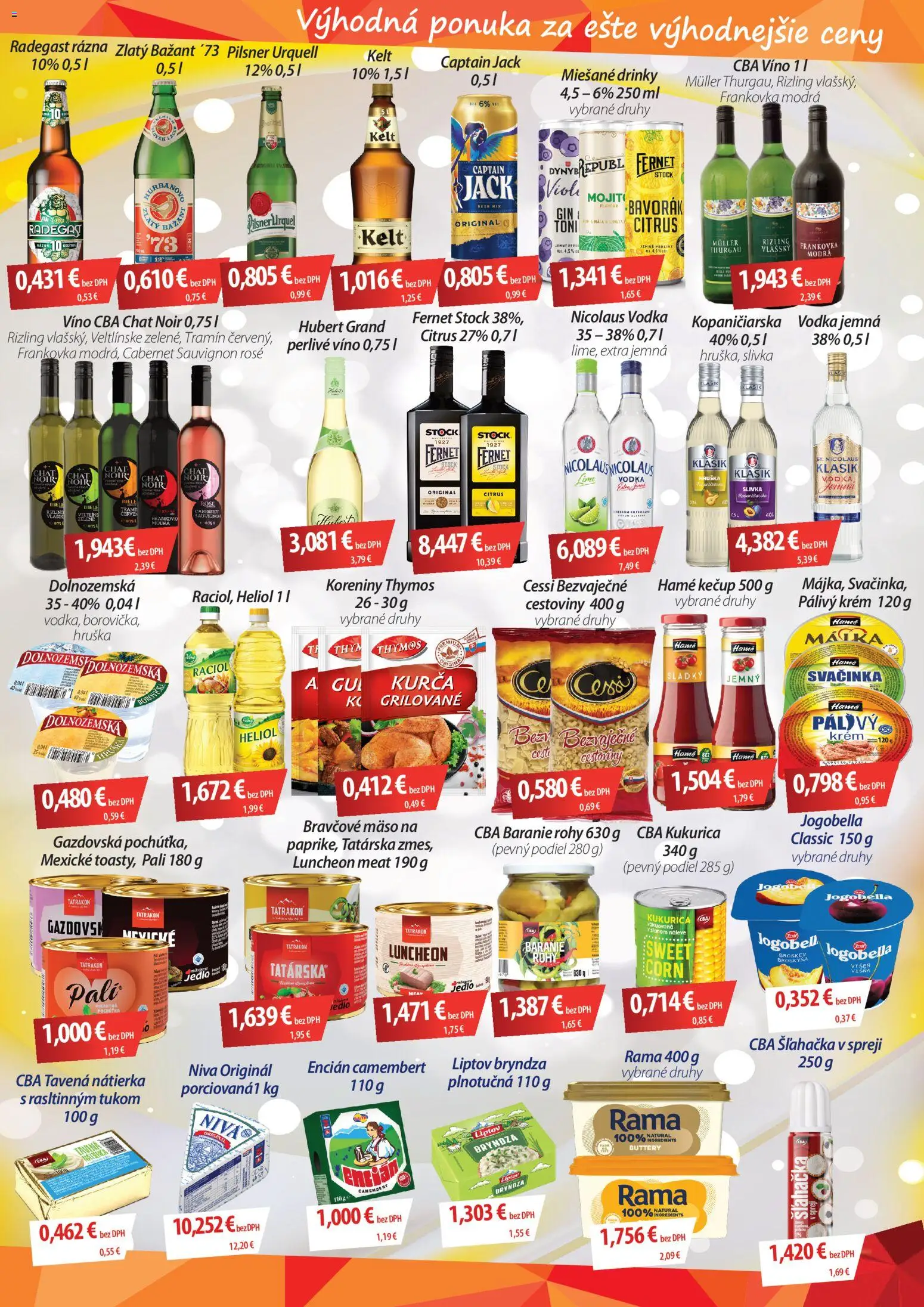 Nové CBA Verex akcie – leták je platný od 06.08.2026 | Strana: 3 | Produkty: Nátierka, Mäso, Vodka, Camembert
