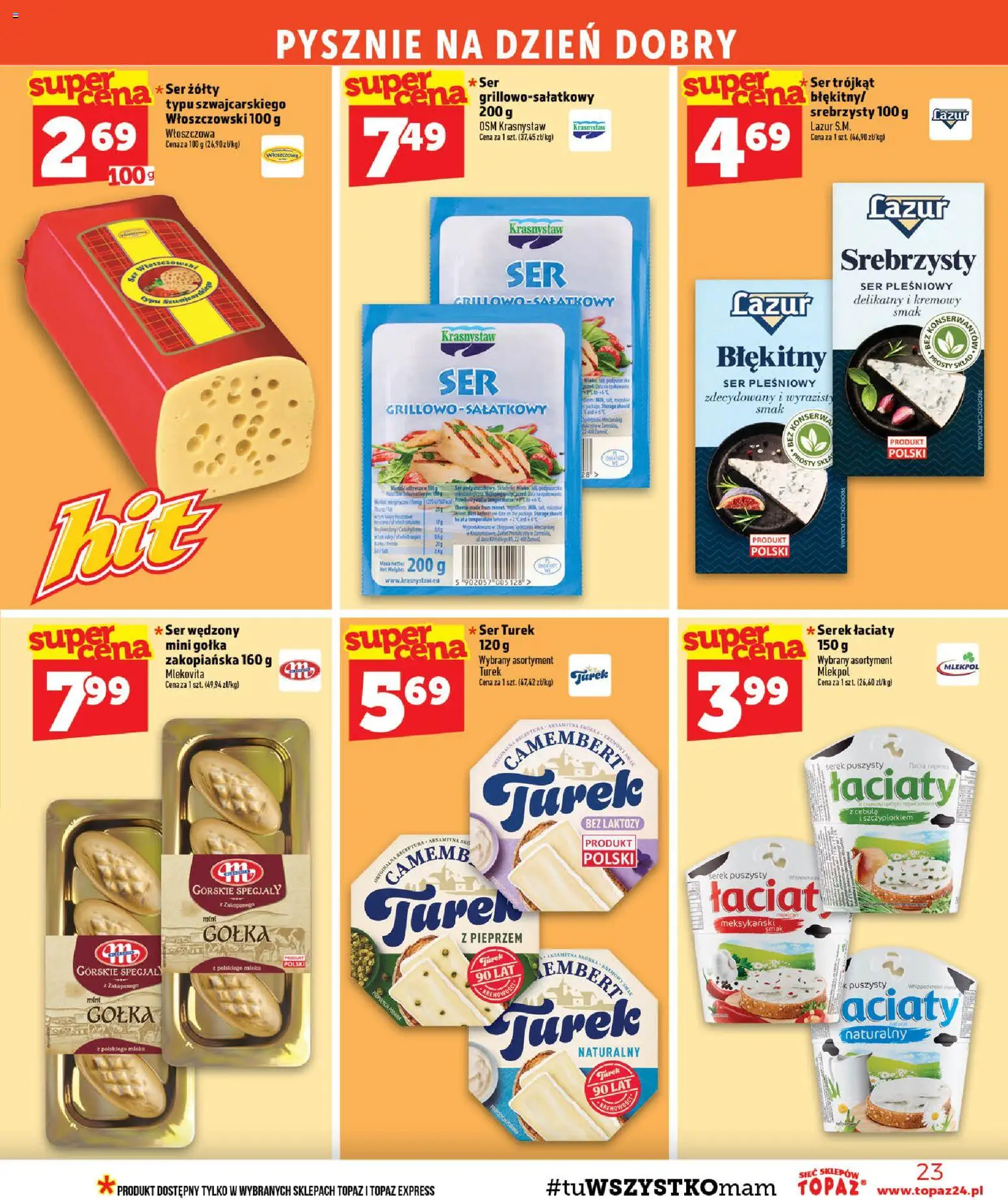 Topaz gazetka - MAZ od 13.08.2026 | Strona: 23 | Produkty: Ser żółty, Bez laktozy, Mleka, Camembert