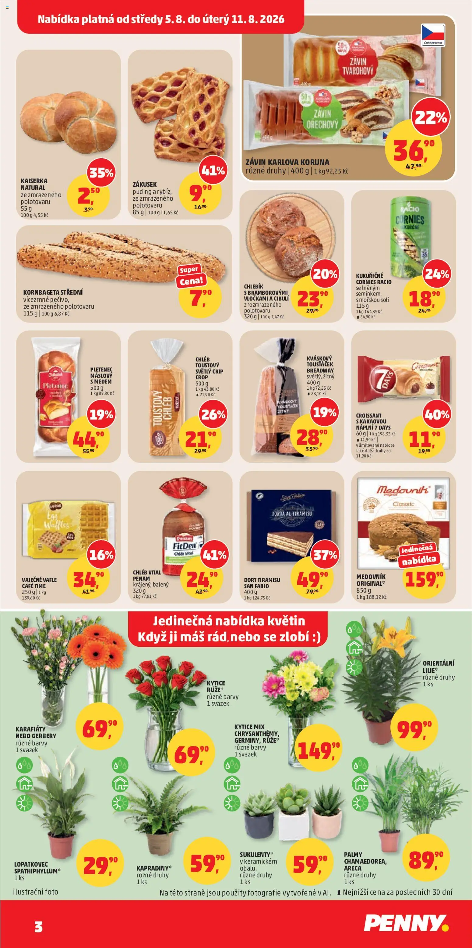 Penny Market leták od 05.08.2026 | Strana: 3 | Produkty: Kornbageta, Croissant, Kytice, Dort