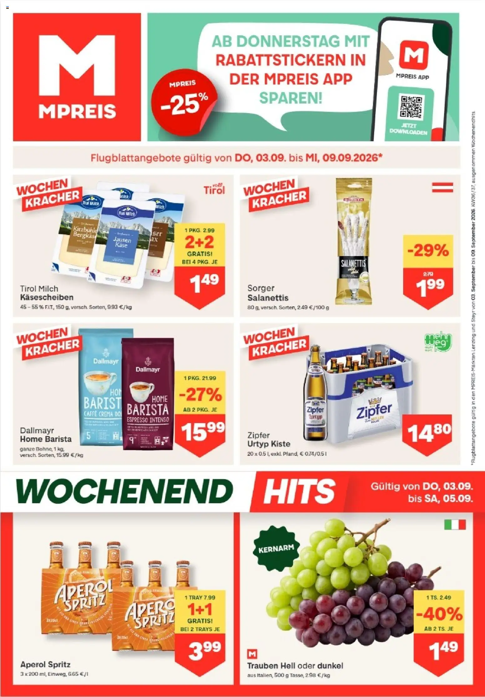 MPREIS Lenzing gültig ab 03.09.2026 | Seite: 1 | Produkte: Aperol, Milch, Käse