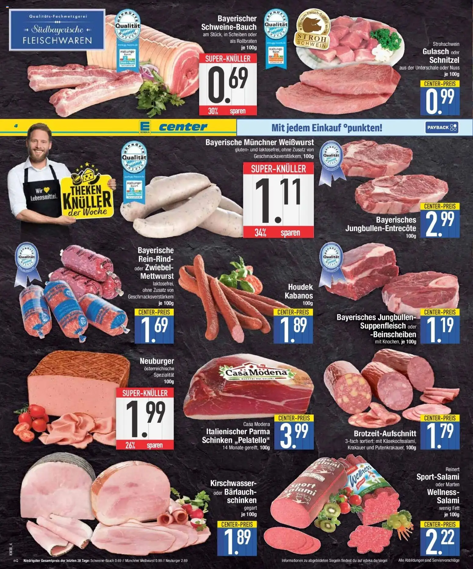 E center Prospekt Straubing (ab 14.09.2026) zum Blättern | Seite: 4 | Produkte: Schweinebauch, Weißwurst, Suppenfleisch, Schinken