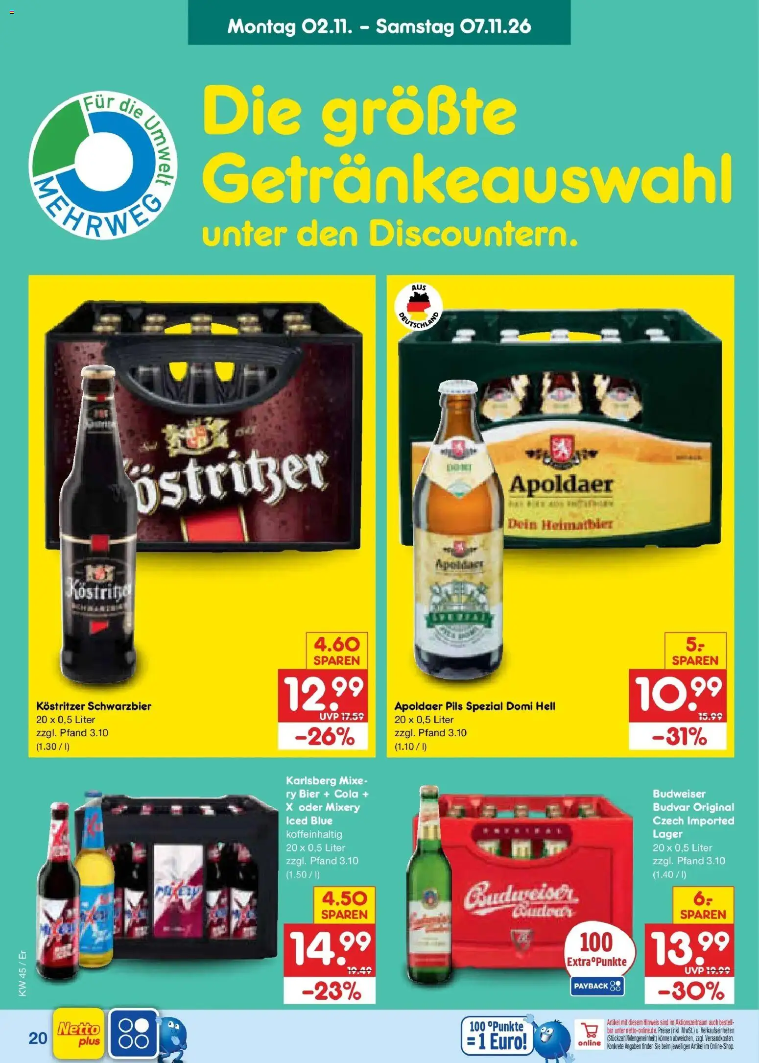 Netto Marken-Discount Prospekt Naumburg – gültig ab 02.11.2026 | Seite: 34 | Produkte: Cola, Kostritzer, Pils, Budweiser