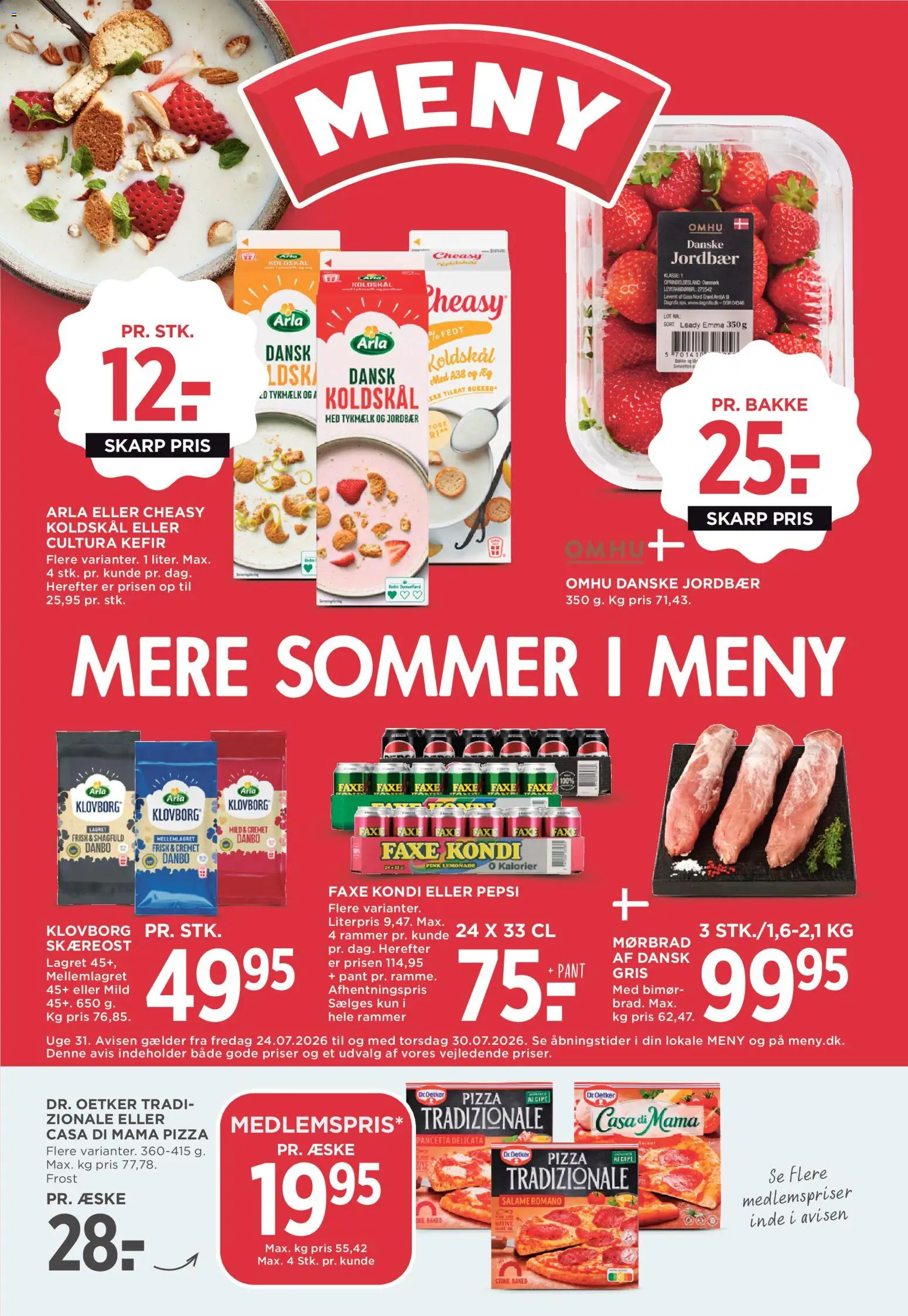 Meny tilbudsavis – gyldig fra 24/07/2026 | Side: 1 | Produkter: Jordbær, Koldskål, Faxe Kondi, Pepsi