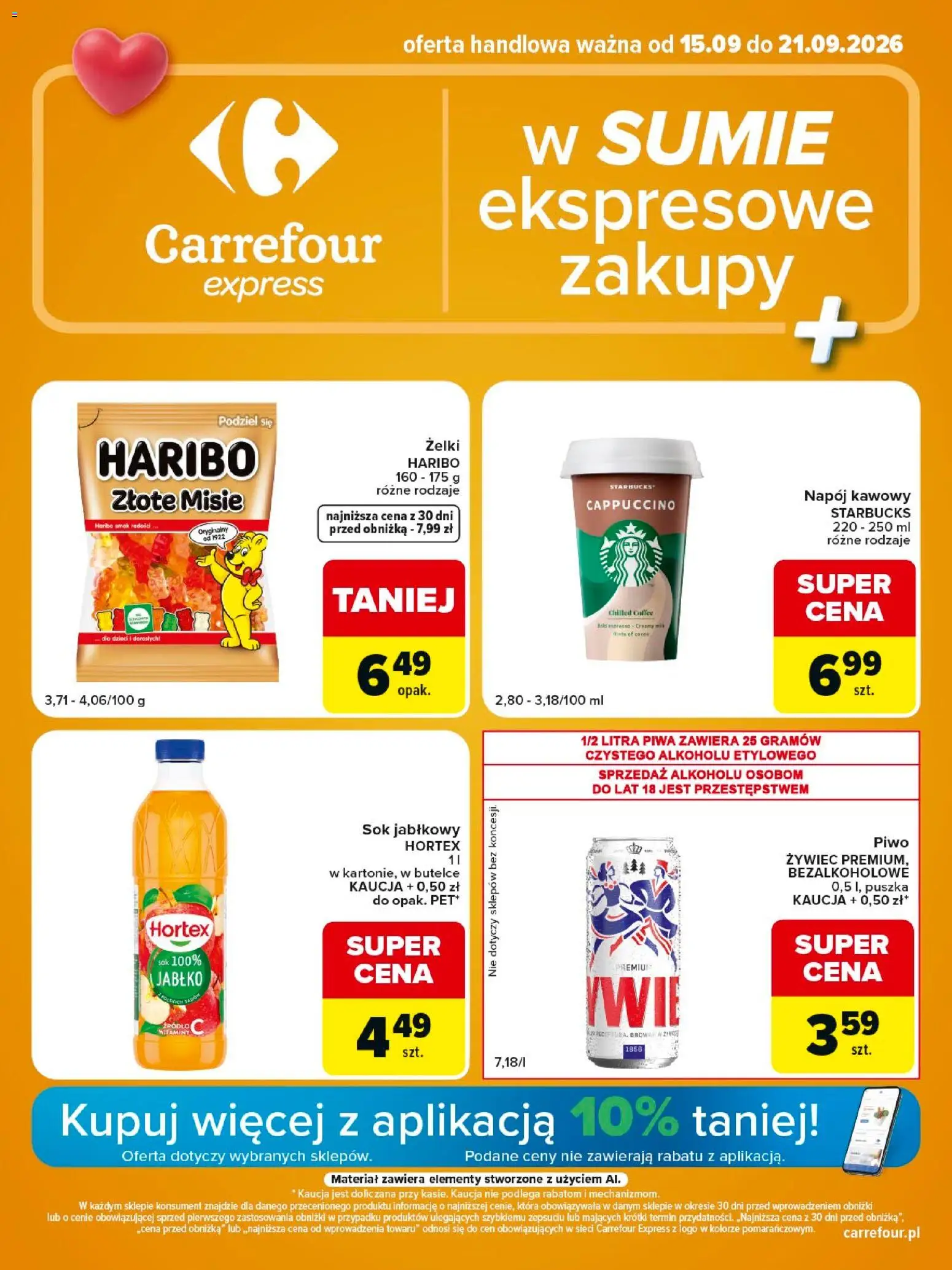 Carrefour gazetka - Express II od 15.09.2026 | Strona: 1 | Produkty: Żelki haribo, Cappuccino, Sok, Piwo