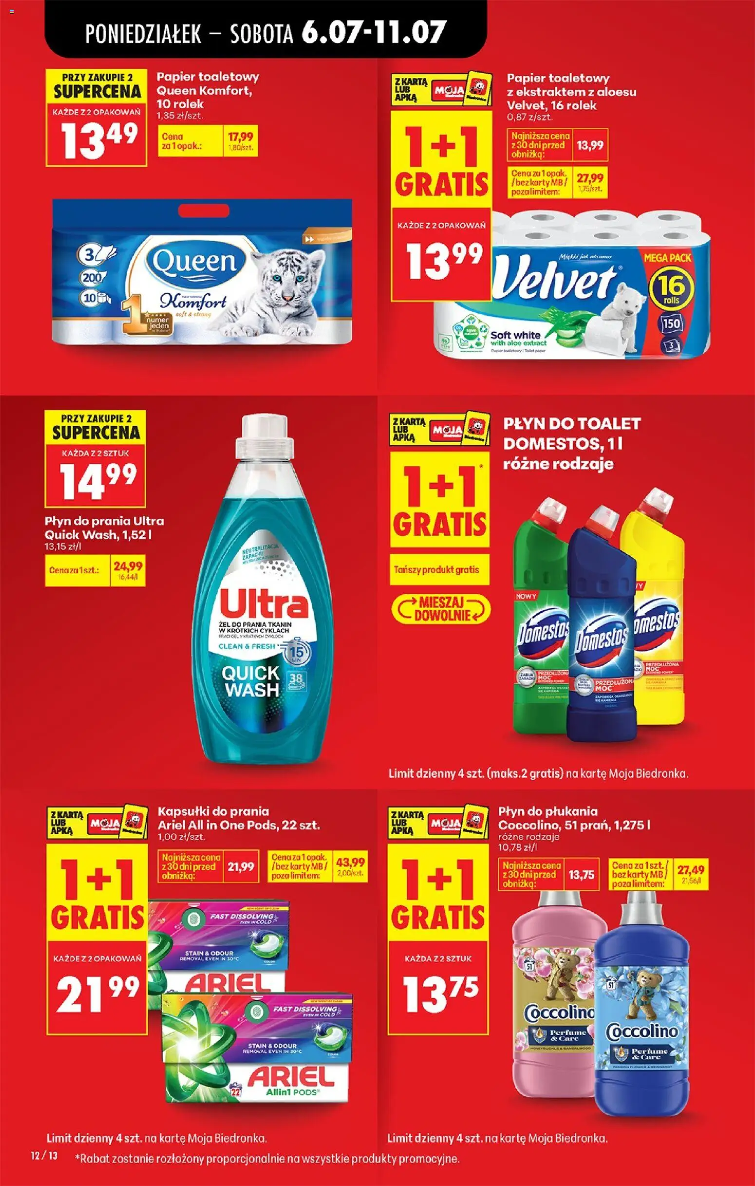 Biedronka gazetka od poniedziałku od 06.07.2026 | Strona: 14 | Produkty: Papier toaletowy queen, Papier toaletowy, Coccolino, Domestos