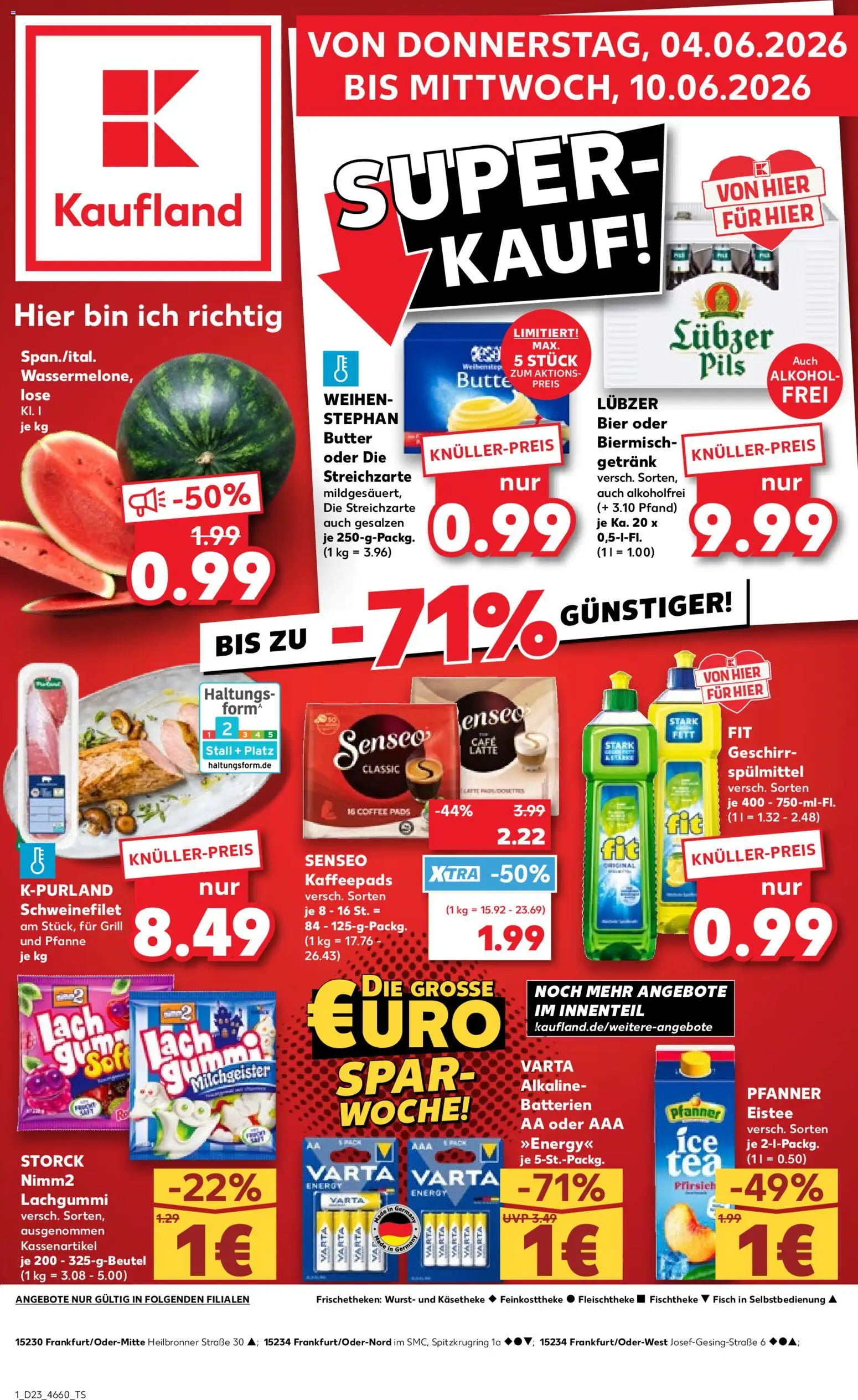 Kaufland Prospekt Frankfurt (Oder) – gültig ab 04.06.2026 | Seite: 1 | Produkte: Batterien, Pils, Schweinefilet, Pfirsich