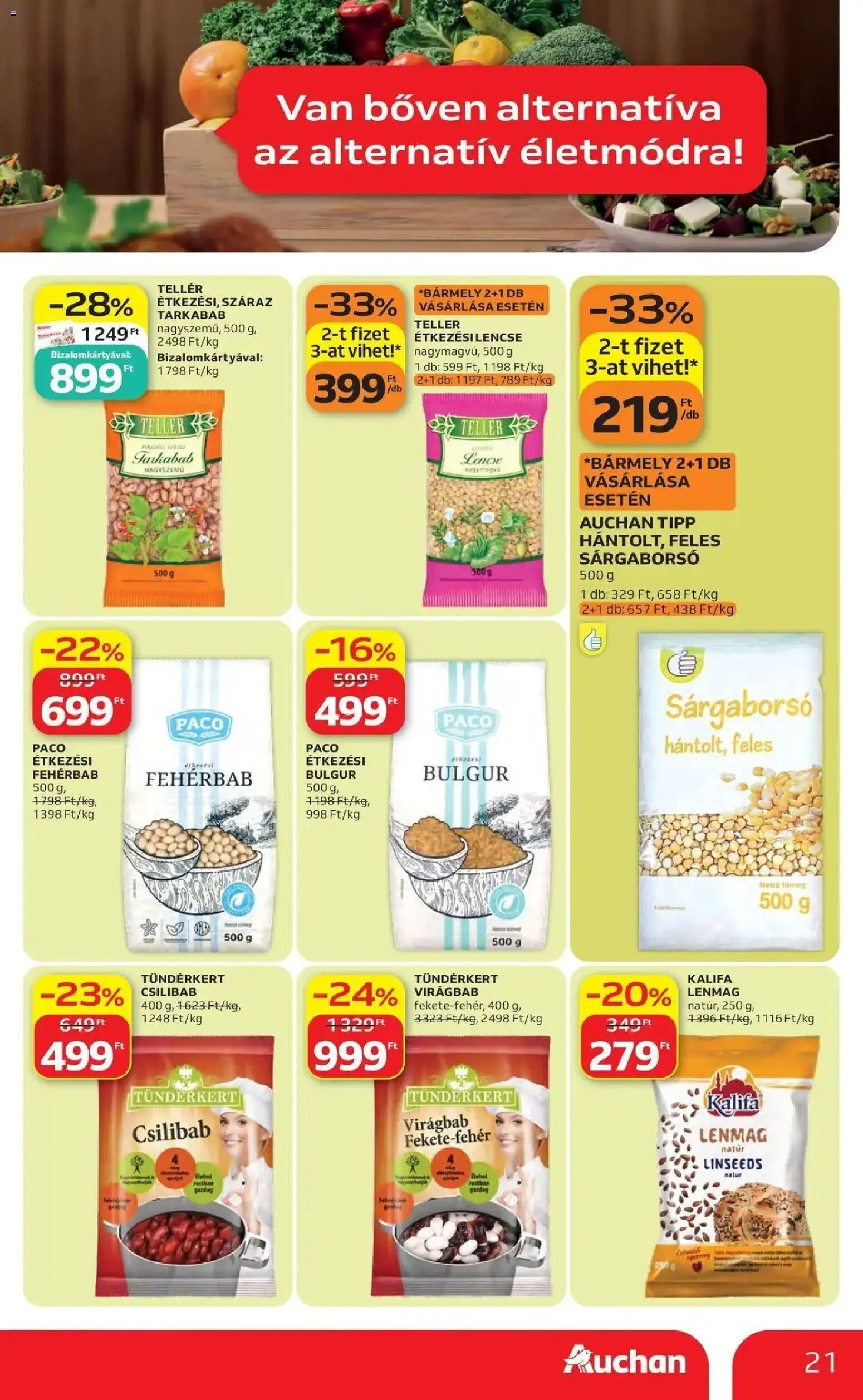 Auchan akciós újság Szolnok - 2026.10.01. -tól/töl > akció, lapozható szórólap 🛍️ | Oldal: 21 | Termékek: Lencse, Bulgur, Sárgaborsó