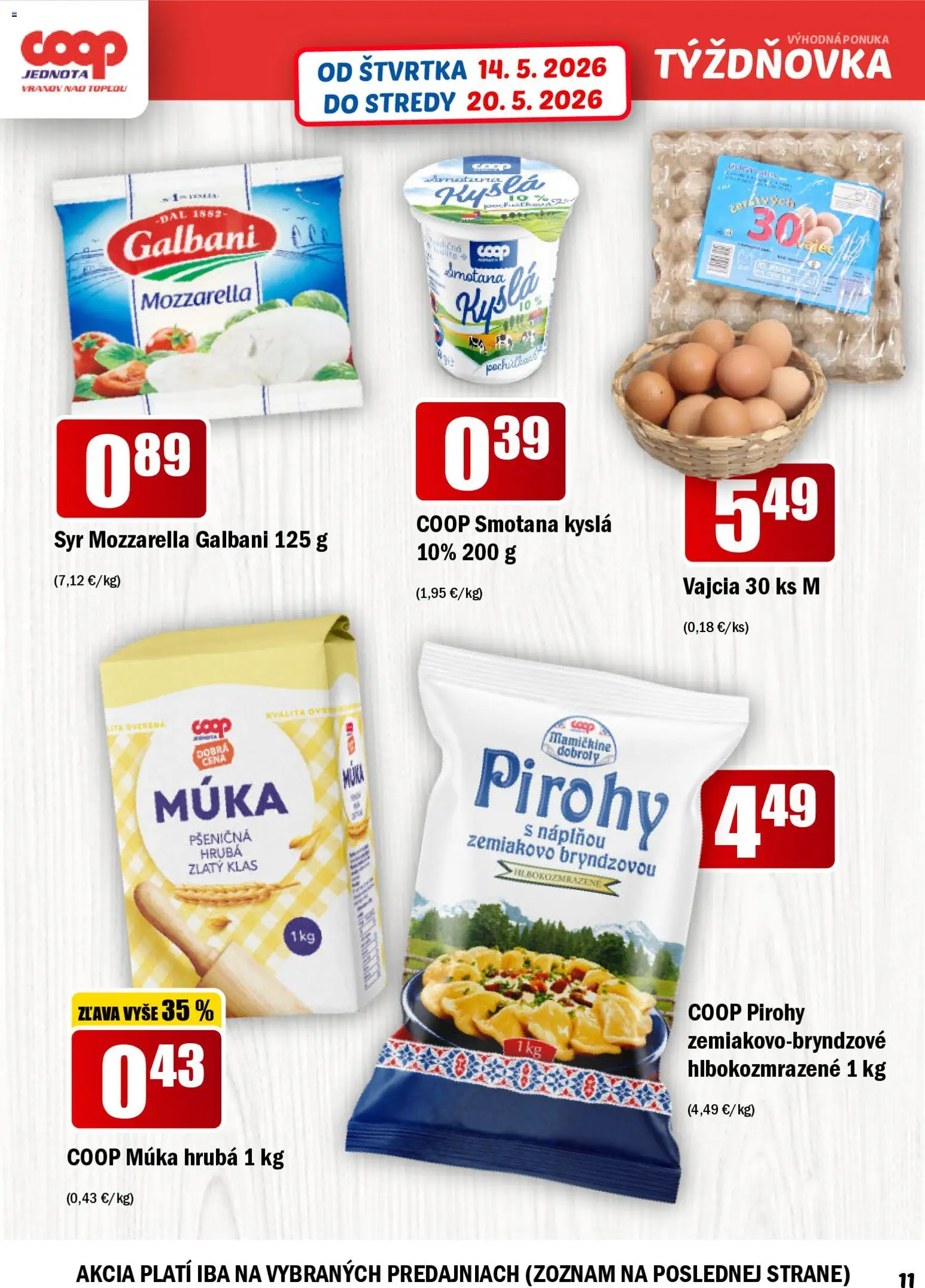 Nové COOP Jednota akcie – leták je platný od 14.05.2026 | Strana: 11 | Produkty: Vajcia, Pirohy, Zlatý klas, Múka