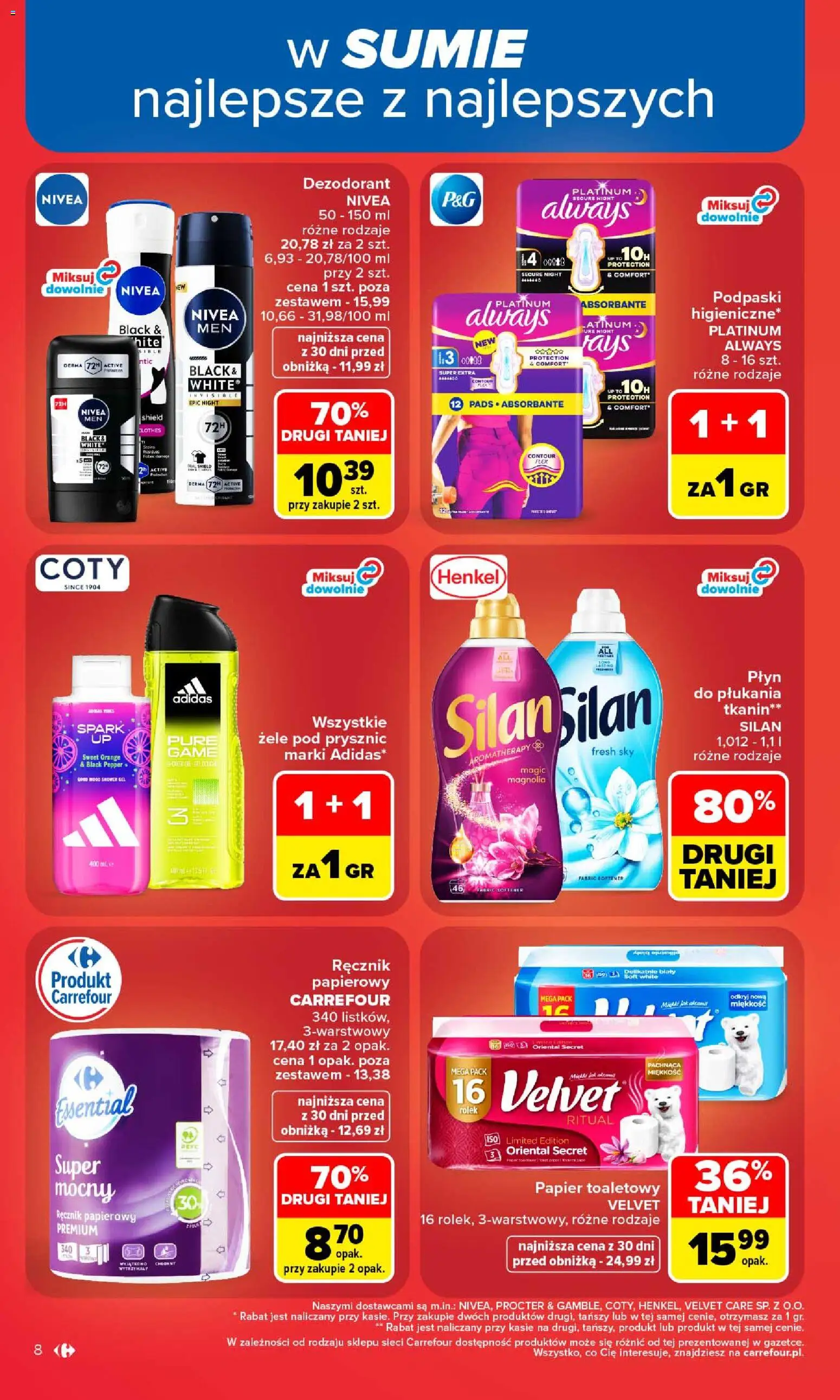 Carrefour gazetka od 24.08.2026 | Strona: 10 | Produkty: Papier toaletowy, Podpaski, Dezodorant, Ręcznik papierowy