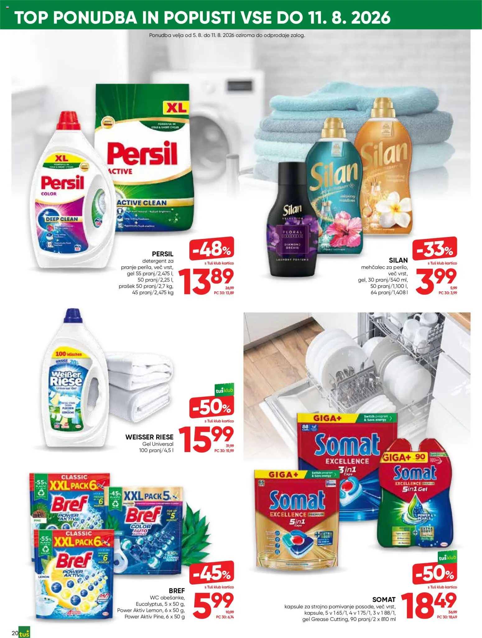 Novi Tuš katalog ponudbe – veljaven od 05.08.2026 | Stran: 20 | Izdelki: Prašek, Mehčalec, Detergent