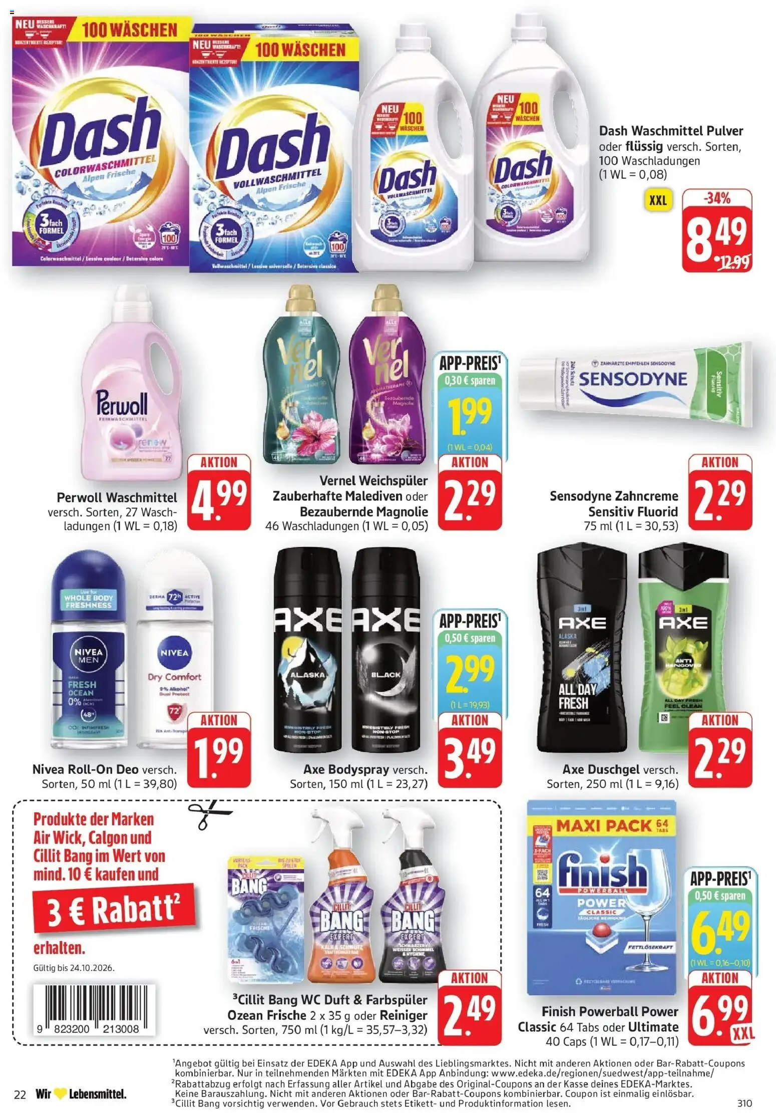 Edeka Prospekt Göppingen (ab 19.10.2026) » Angebote Online | Seite: 24 | Produkte: Perwoll, Finish, Waschmittel, Axe