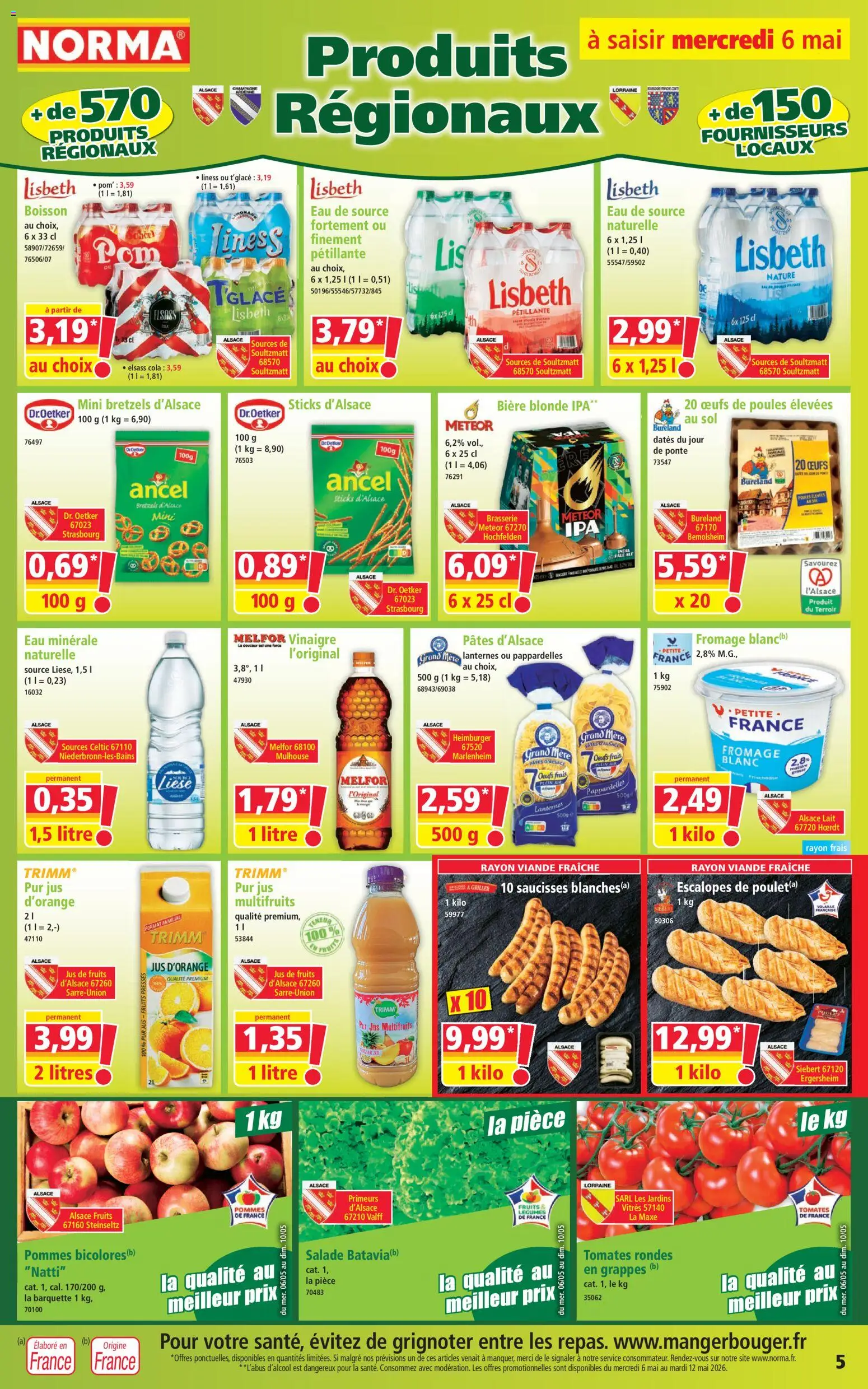 {H1} | Page: 5 | Produits: Jus d'orange, Volaille, Eau de source, Bretzels