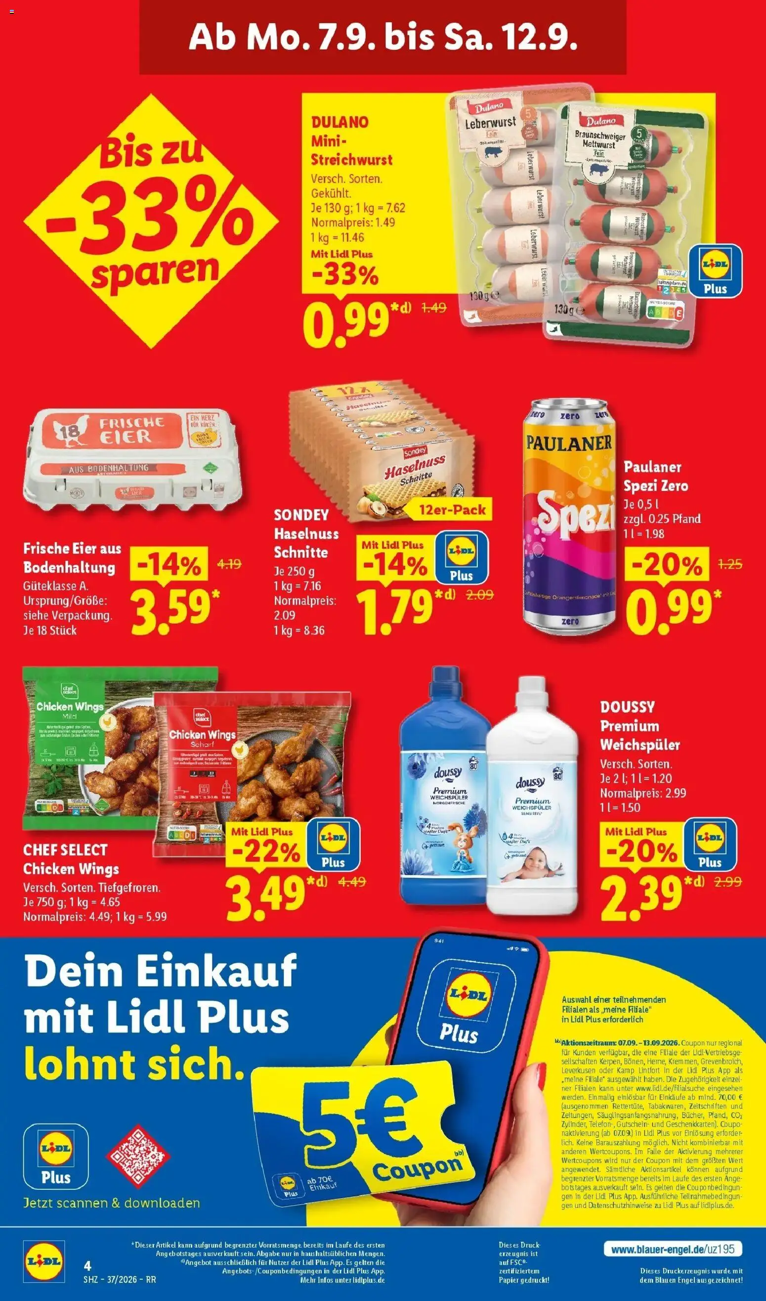 Lidl Prospekt Zülpich (ab 07.09.2026) zum Blättern » Angebote | Seite: 4 | Produkte: Eier, Paulaner spezi, Weichspüler, Paulaner