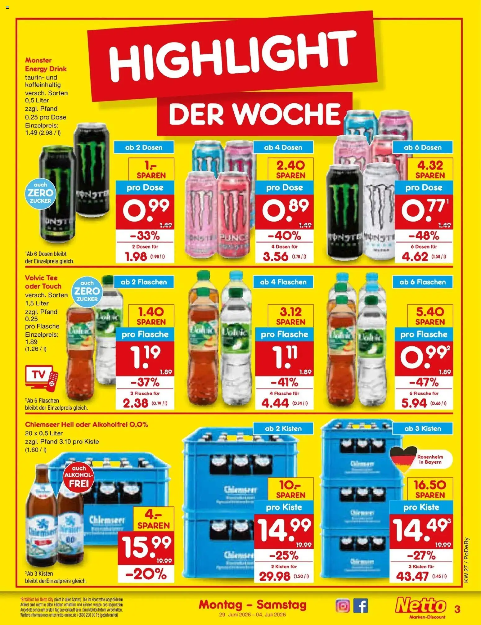 Netto Marken-Discount Prospekt Buttenwiesen – gültig ab 29.06.2026 | Seite: 3 | Produkte: Energy, Volvic tee, Zucker, Tee