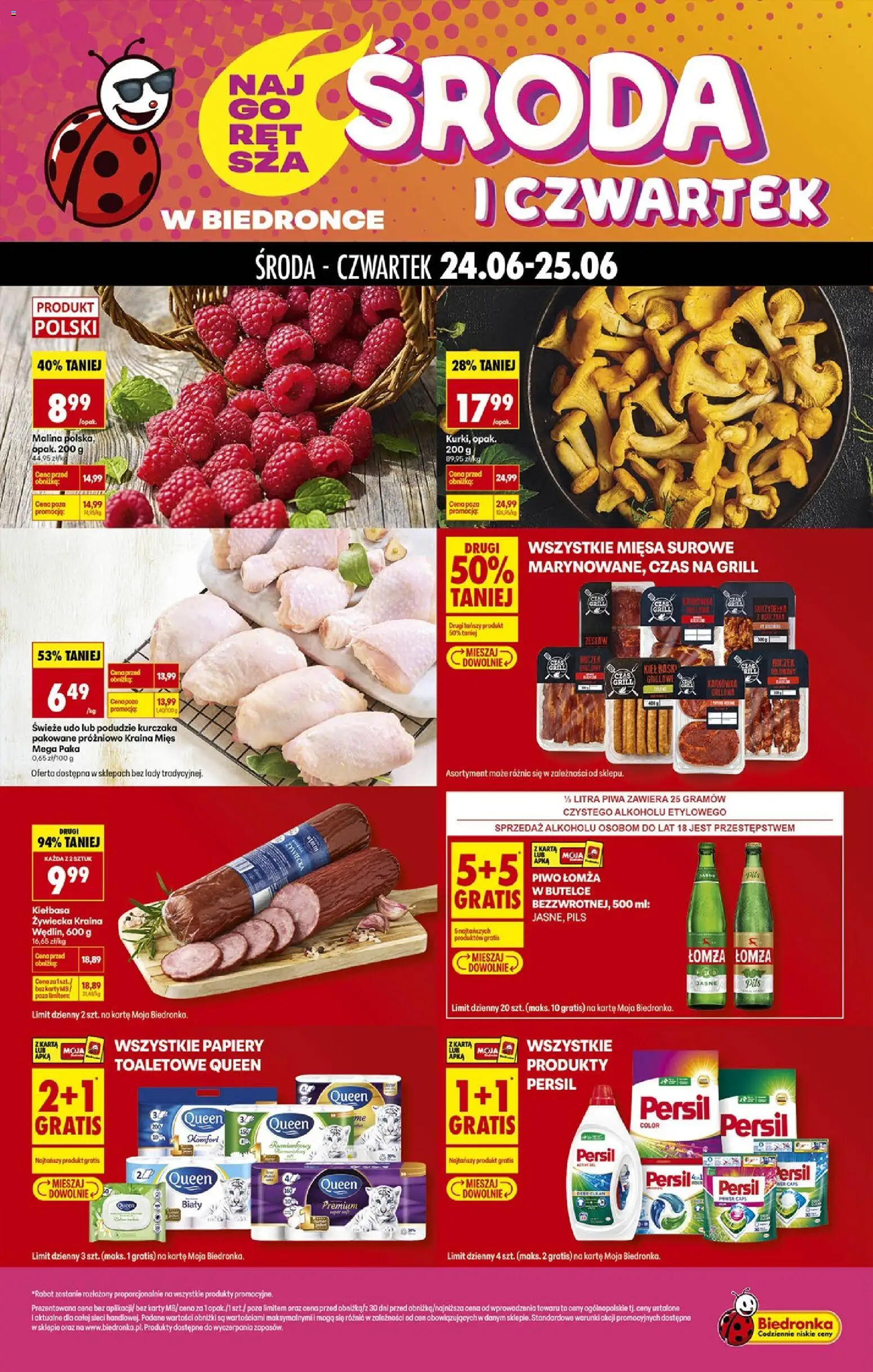Biedronka gazetka - Najgorętsza środa i czwartek od 24.06.2026 | Strona: 1 | Produkty: Kiełbasa, Malina, Kraina mięs, Boczek