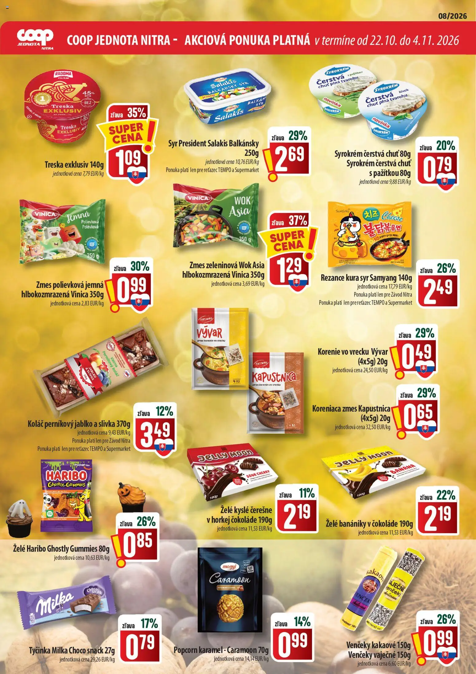 Nové COOP Jednota akcie – leták je platný od 22.10.2026 | Strana: 2 | Produkty: Syr, Koláč, Korenie, Treska