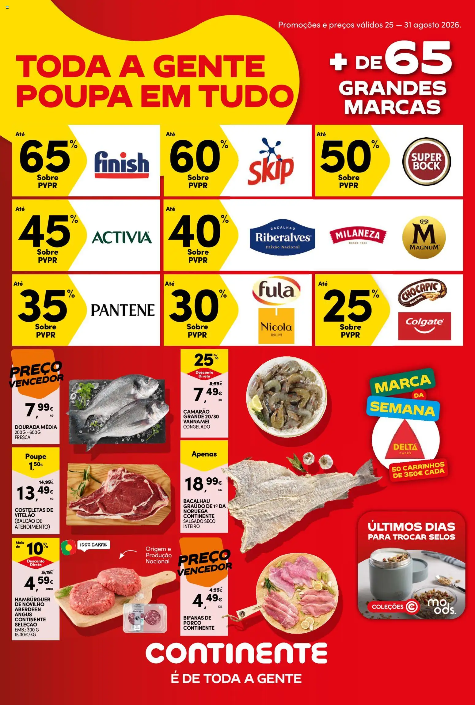 Continente Semanal Continente Bom Dia │ válido de 25/08/2026 | Página: 1 | Produtos: Bacalhau, Super bock, Hambúrguer, Camarão
