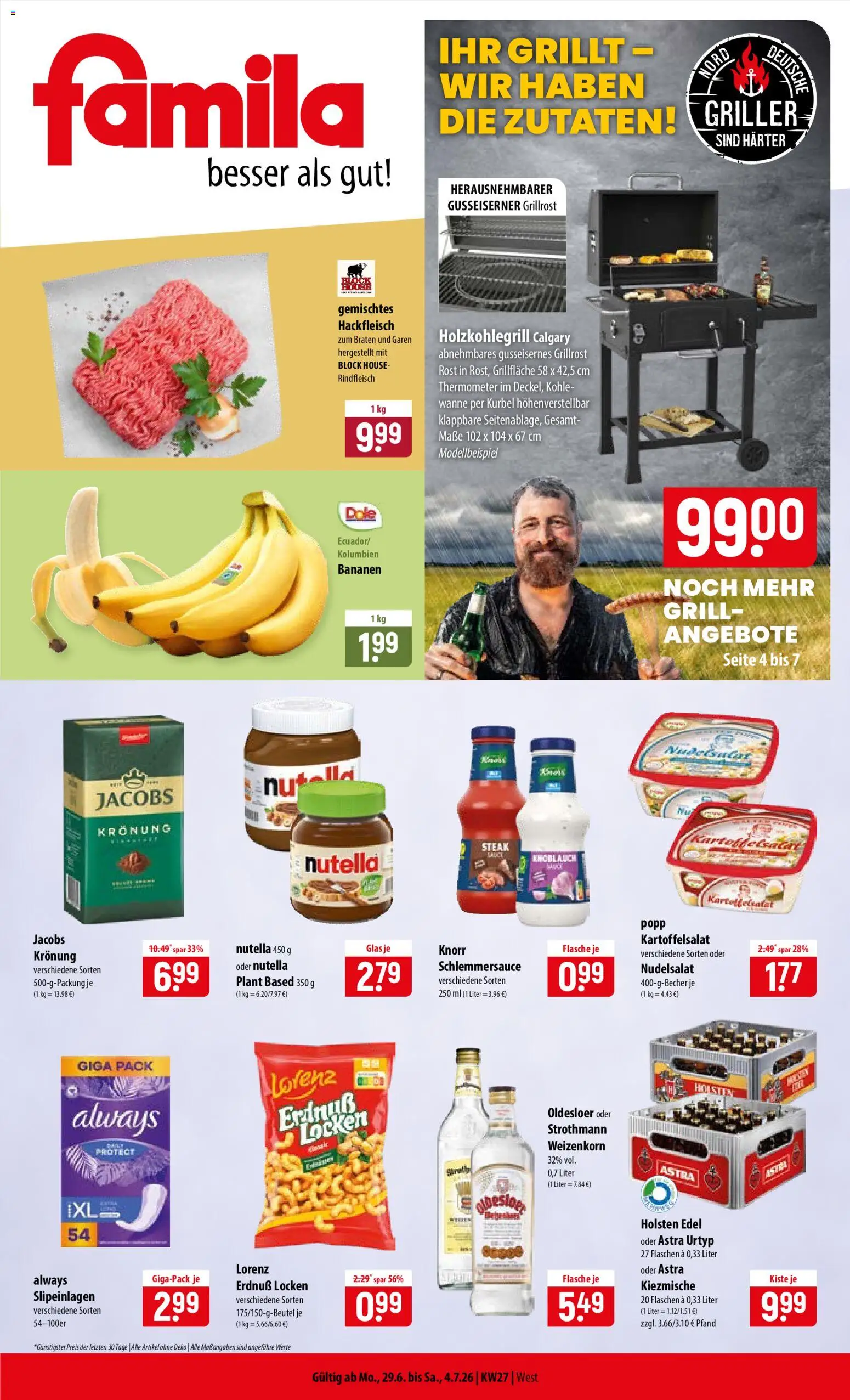 Famila Prospekt – gültig ab 29.06.2026 | Seite: 1 | Produkte: Grill, Bananen, Oldesloer, Nutella