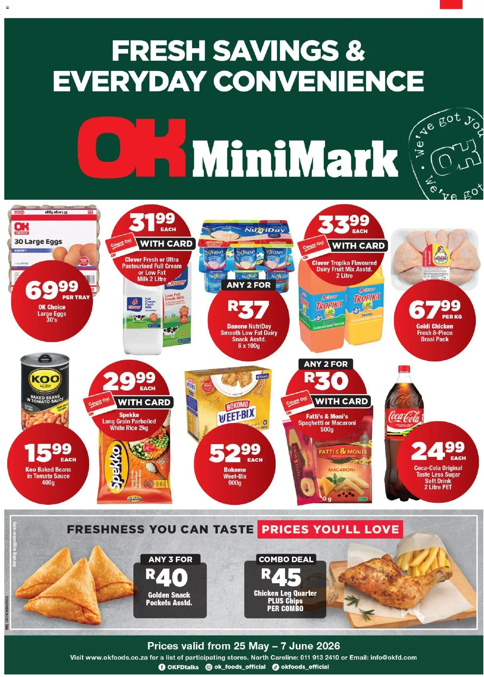 New OK Foods catalogue – valid from 25.05.2026 | Page: 1 | Products: Rice, Chips, Tomato sauce, Sugar