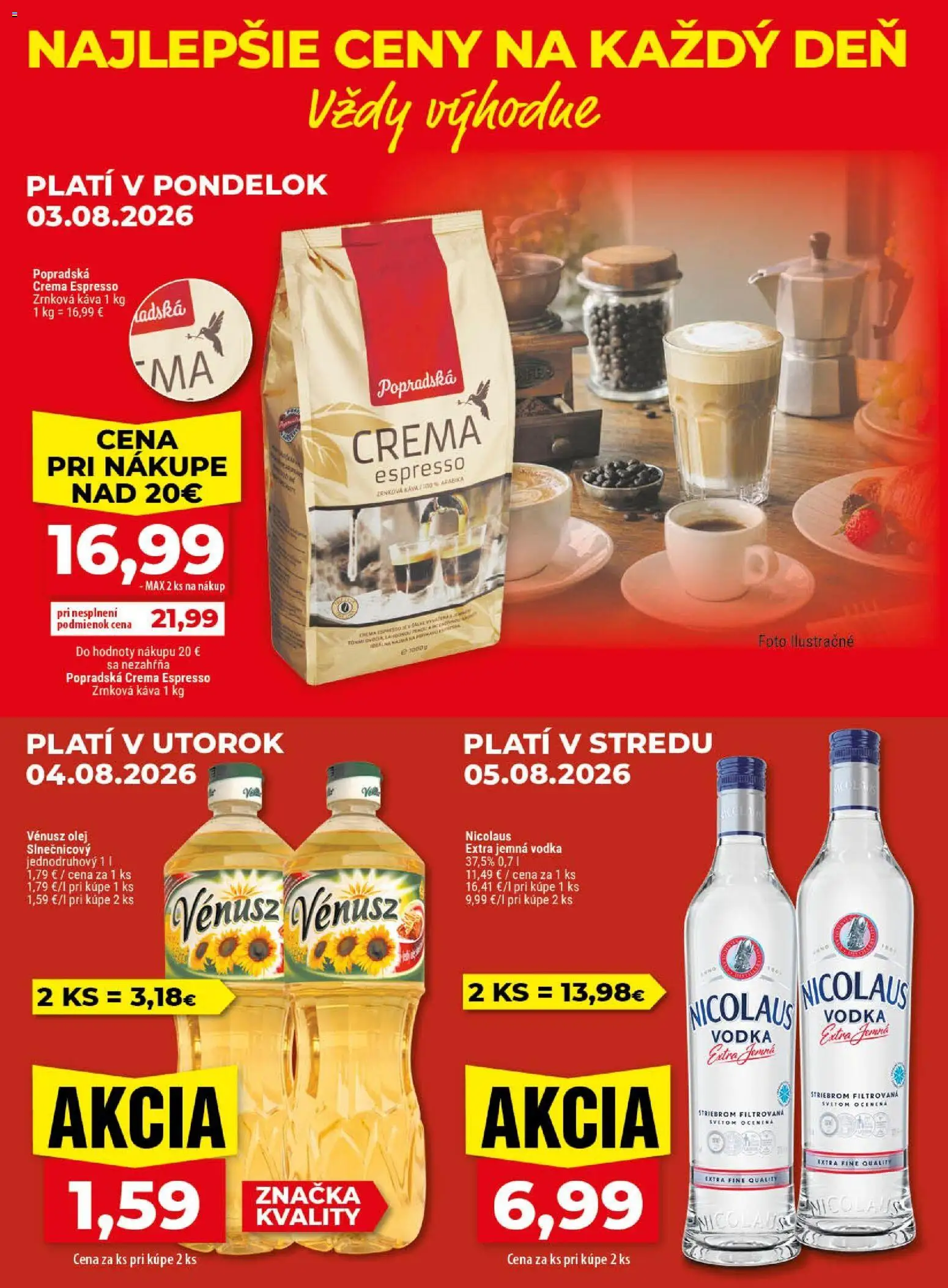 Nové Klas akcie – leták je platný od 03.08.2026 | Strana: 2 | Produkty: Olej, Káva, Vodka, Zrnková káva