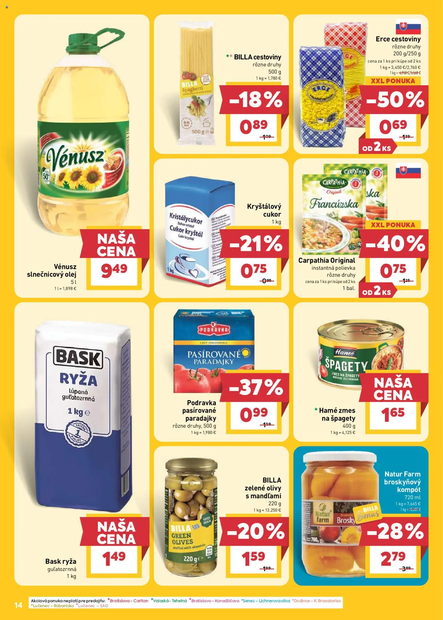 Nové Billa akcie – leták je platný od 13.05.2026 | Strana: 14 | Produkty: Olej, Paradajky, Slnečnicový olej, Špagety