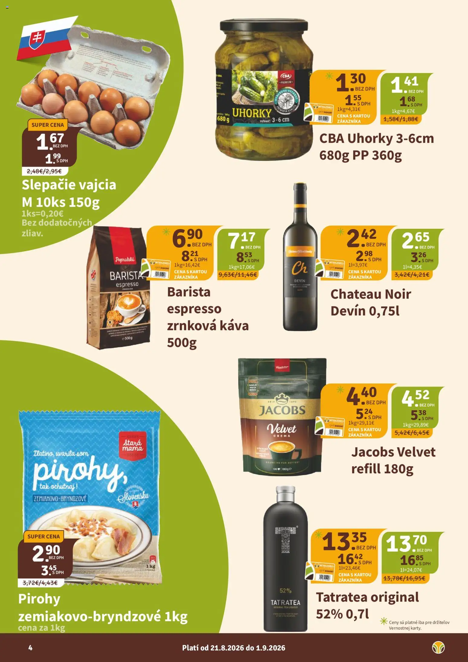 Nové Nitrazdroj akcie – leták je platný od 21.08.2026 | Strana: 4 | Produkty: Jacobs Velvet, Vajcia M, Vajcia, Uhorky